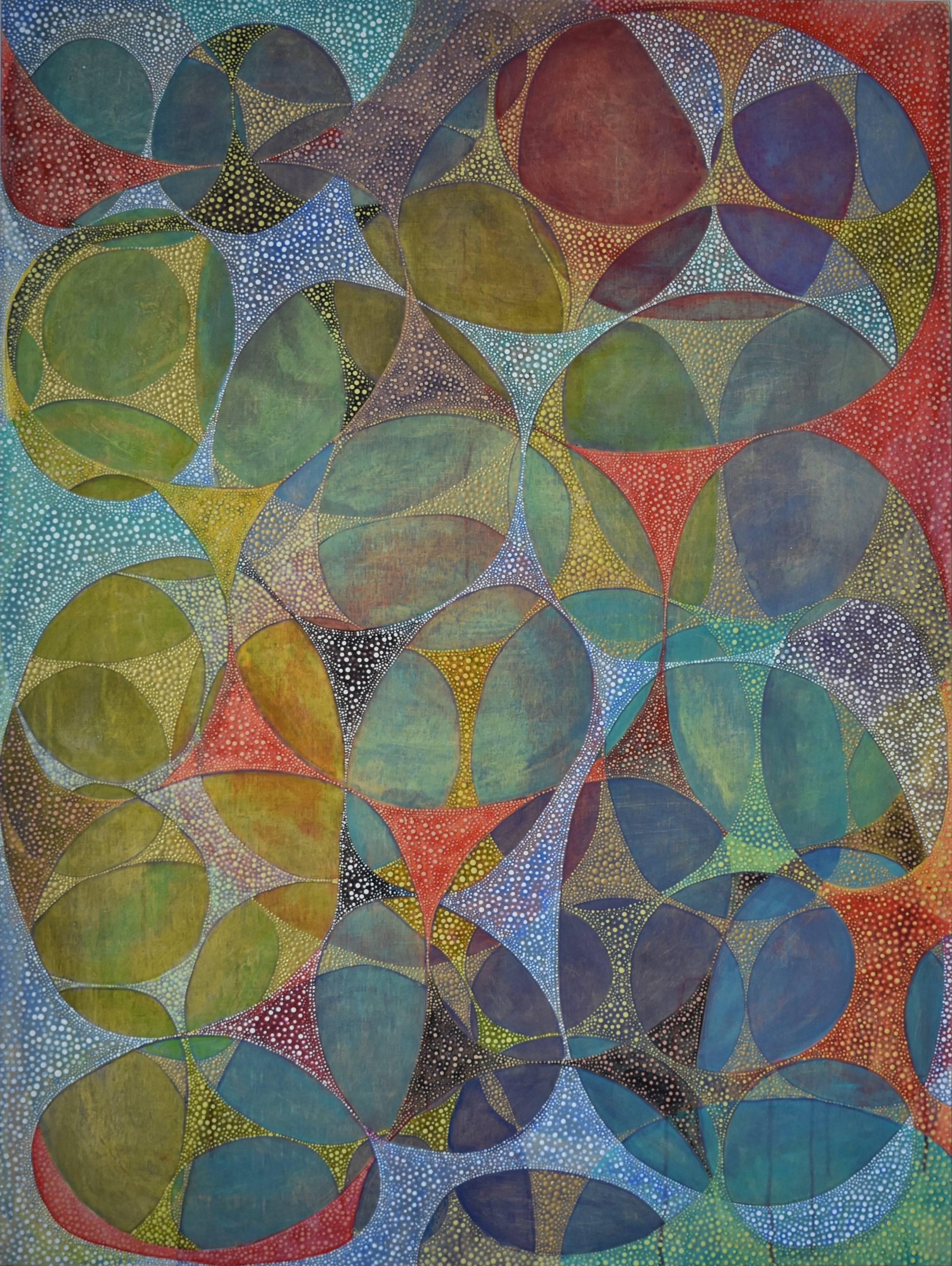 "Between 6", abstract, multicolored, blues, greens, acrylic painting - Painting by Denise Driscoll