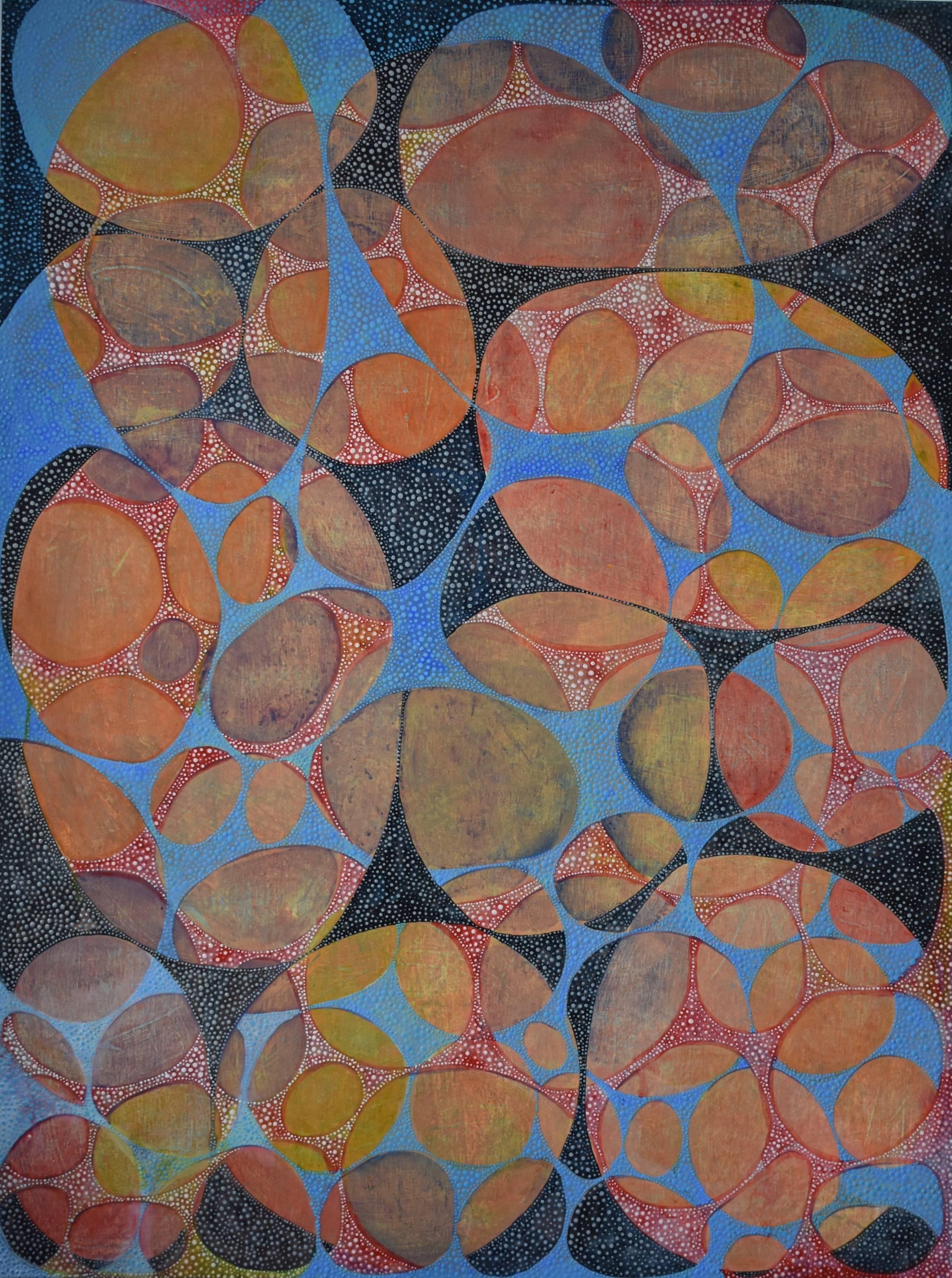 "Between 8", abstract, multicolored, webs, orange, blue, black, acrylic painting - Painting by Denise Driscoll