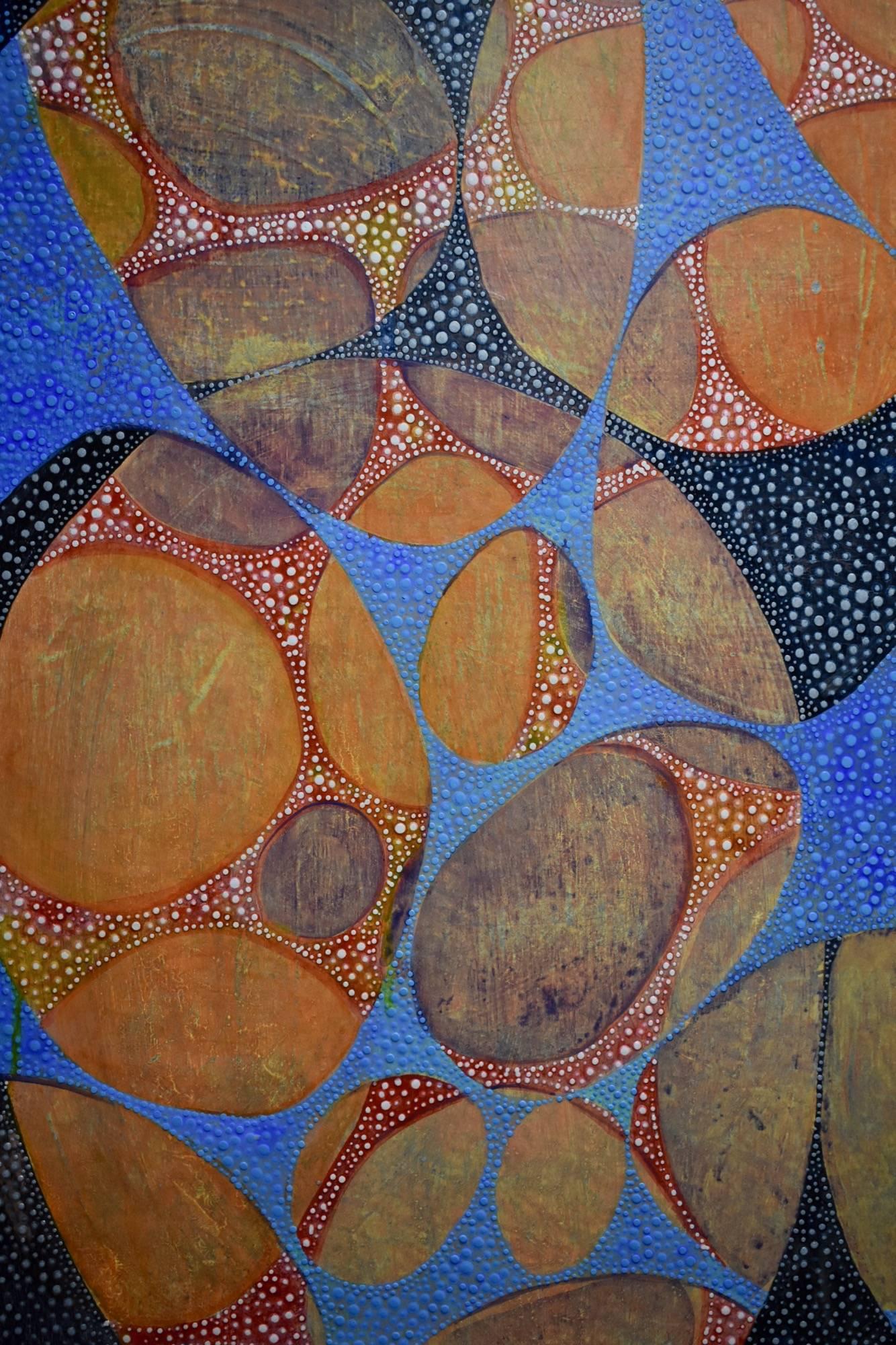 „Between 8“, abstrakt, mehrfarbig, webend, orange, blau, schwarz, Acrylgemälde (Zeitgenössisch), Painting, von Denise Driscoll