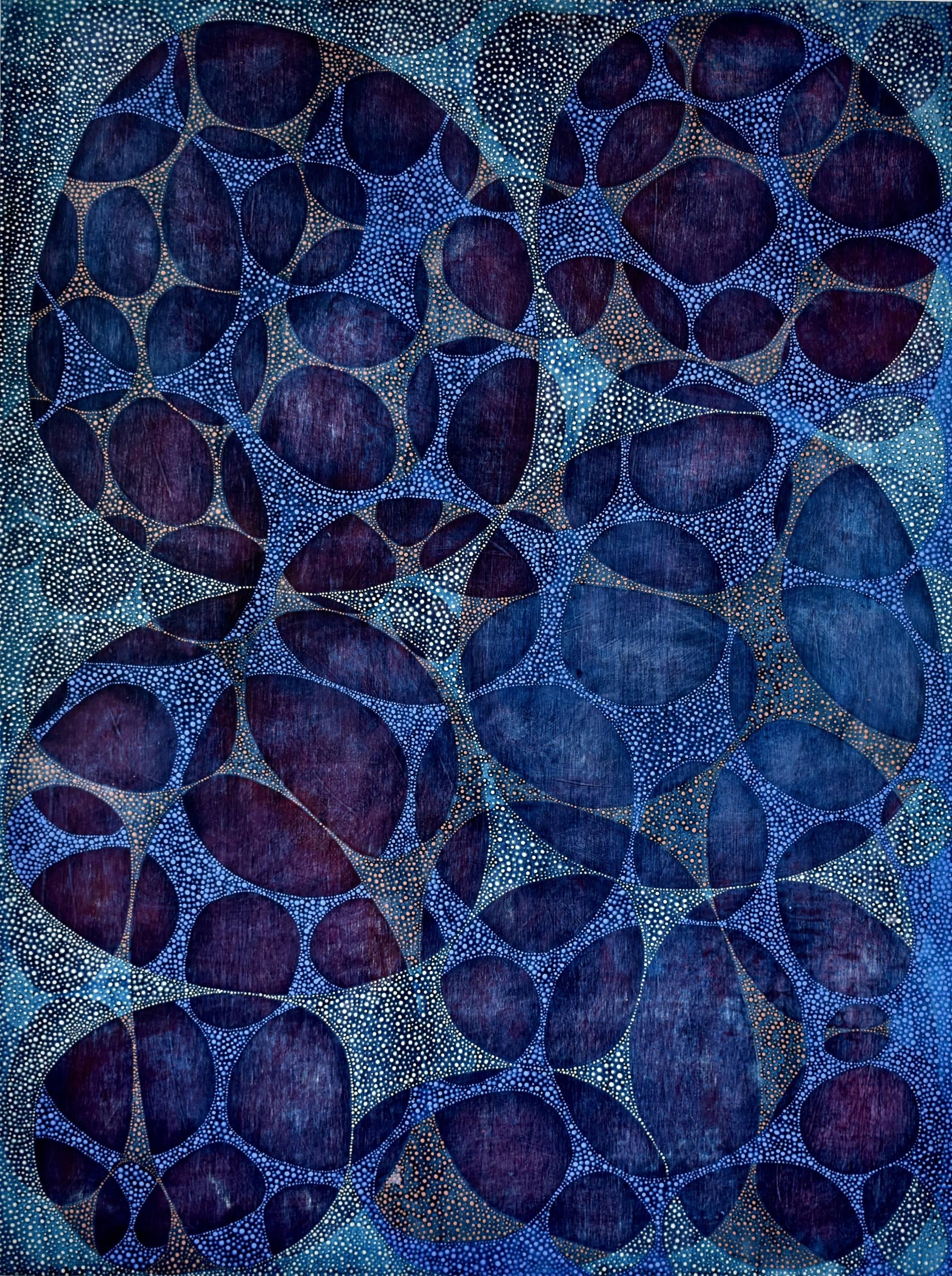 "Between 9", abstract, webs, plum, midnight blue, acrylic painting - Painting by Denise Driscoll