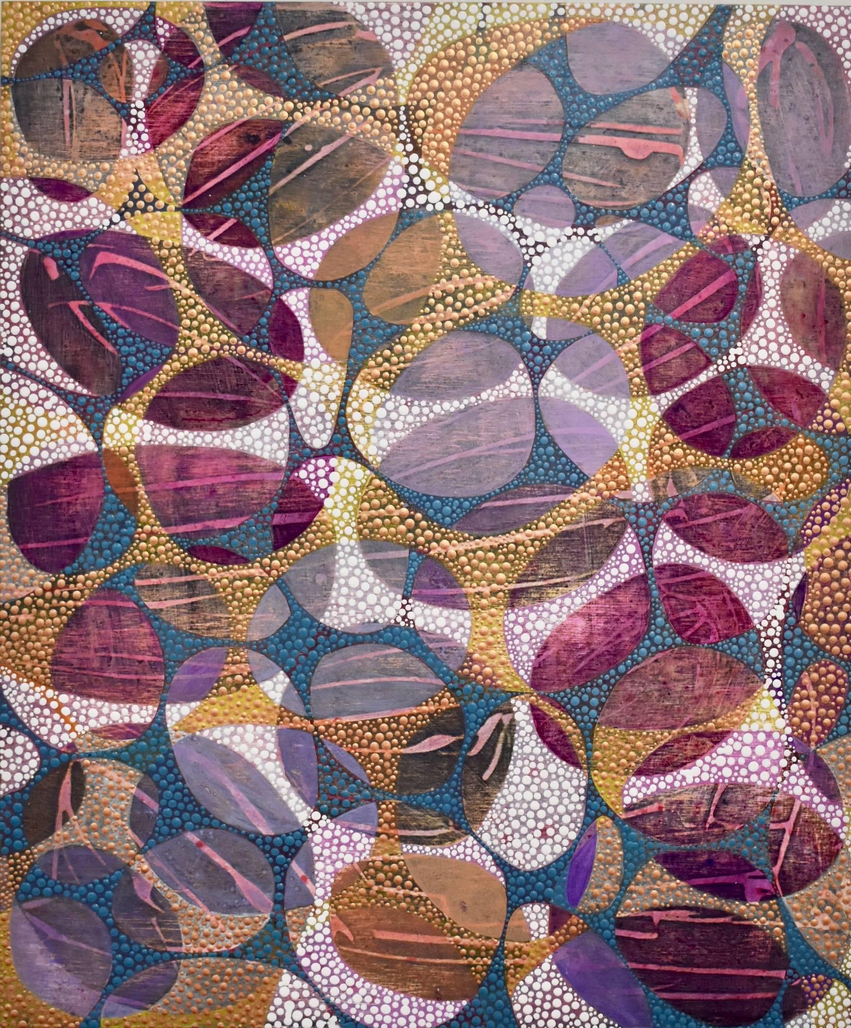 In "Between 10" by Denise Driscoll, is an acrylic painting in which deep teal, rose-gold and white shimmering textured webs are interwoven over a distressed surface of warm plum, wine and mauve. This 24 x 20 x 1.75 inch acrylic painting is on birch