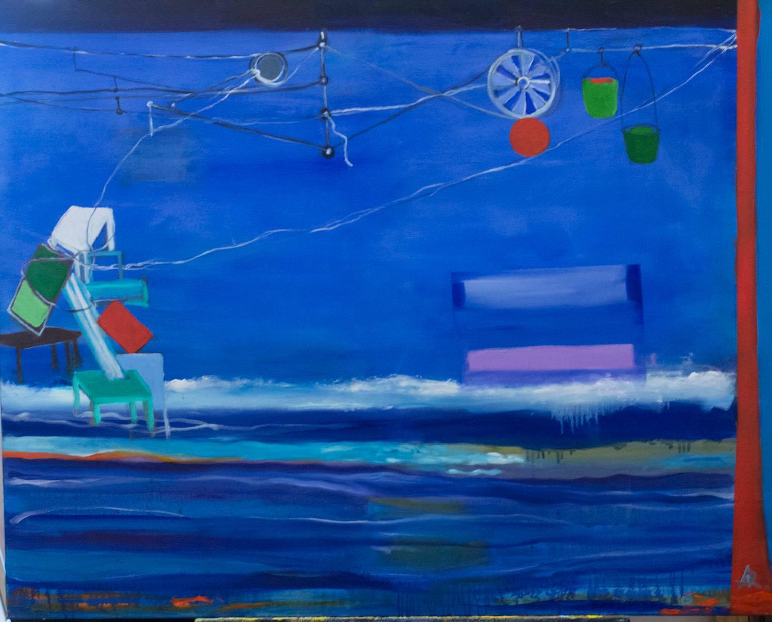 Interior Painting Alexandra Rozenman - « Aider Mark Rothko à déménager ses meubles », paysage marin, bleus, roses, peinture à l'huile.