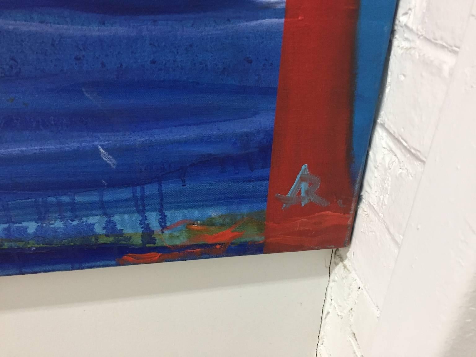 « Aider Mark Rothko à déménager ses meubles », paysage marin, bleus, roses, peinture à l'huile. - Bleu Interior Painting par Alexandra Rozenman