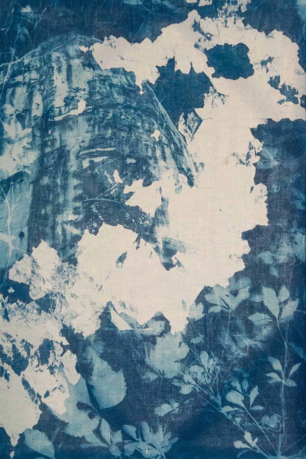 Marie Craig Landscape Photograph - "Crane 2", landscape, architectural, ruins, cyanotype, linen, blue, photograph