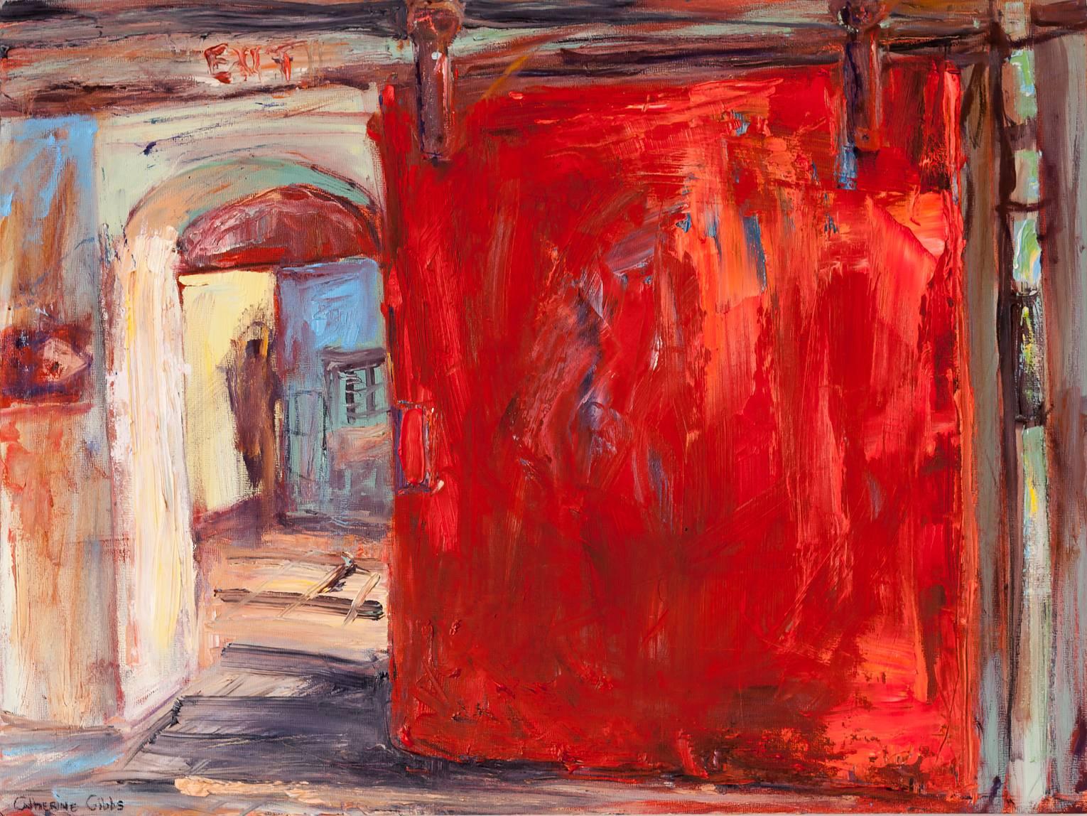 Catherine Picard-Gibbs Interior Painting - "The Fire Door", expressionist, interior, factory, red, blue, oil painting