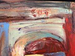 "The Fire Door", Expressionist, Interior, Factory, Red, Blue, Teal, Oil Painting