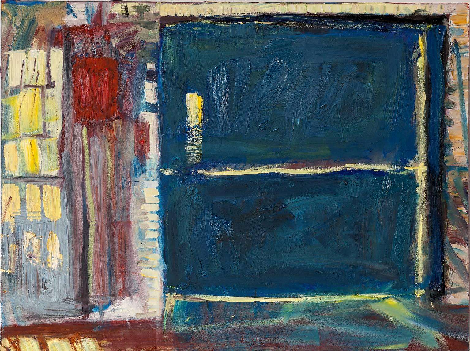 "The Freight Elevator", oil painting, textural, factory, blue, red, door - Painting by Catherine Picard-Gibbs
