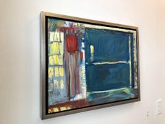 "The Freight Elevator", oil painting, textural, factory, blue, red, door