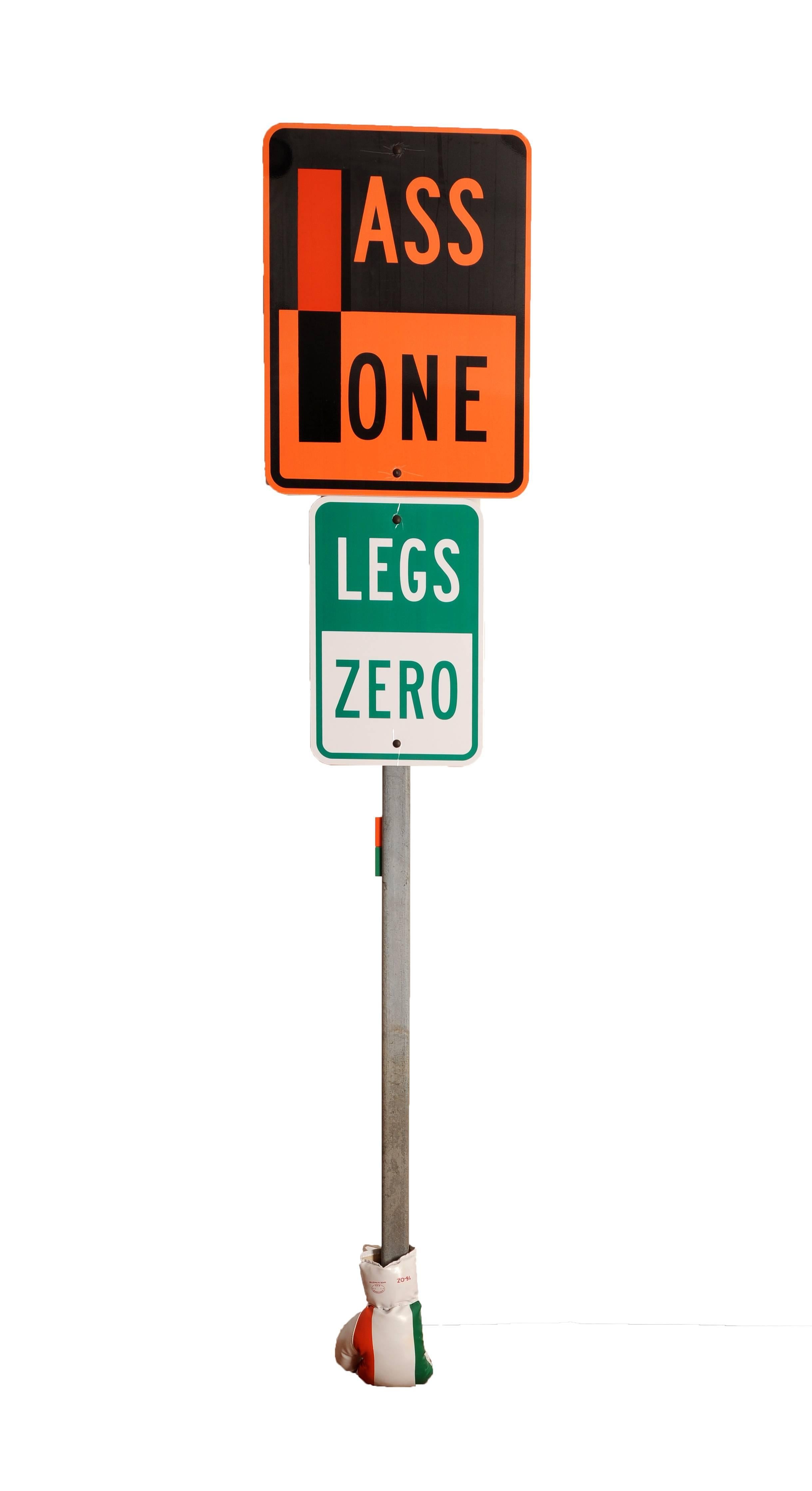 Ass One, Legs Zero
Steel, traffic signs
82 x 18 x 3.5 in (208 x 46 x 9 cm)
2014

Artist Statement:
"Day art calls into play arguments that mesh like gears, results that have the force of certainty....Conscious of its progress, proud of its past,