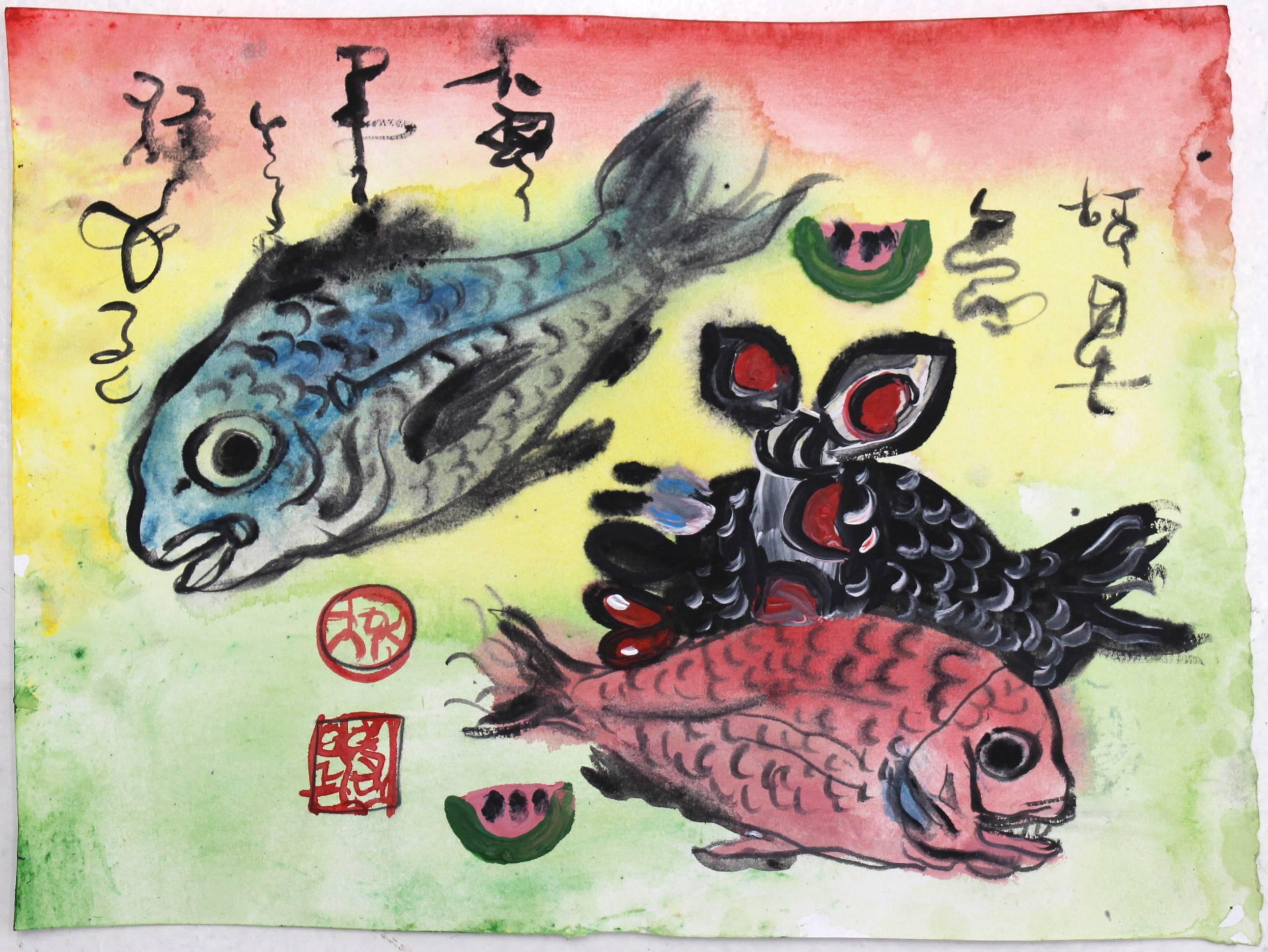 Fish With Pork Fried Rice, Trio of Small Paintings on Paper by Jeffrey Hargrave For Sale 2