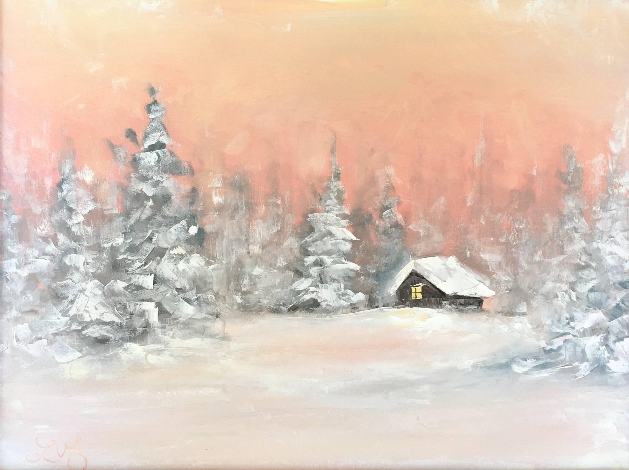 Leigh Ann Van Fossan Landscape Painting - "Sunset at the Cabin"