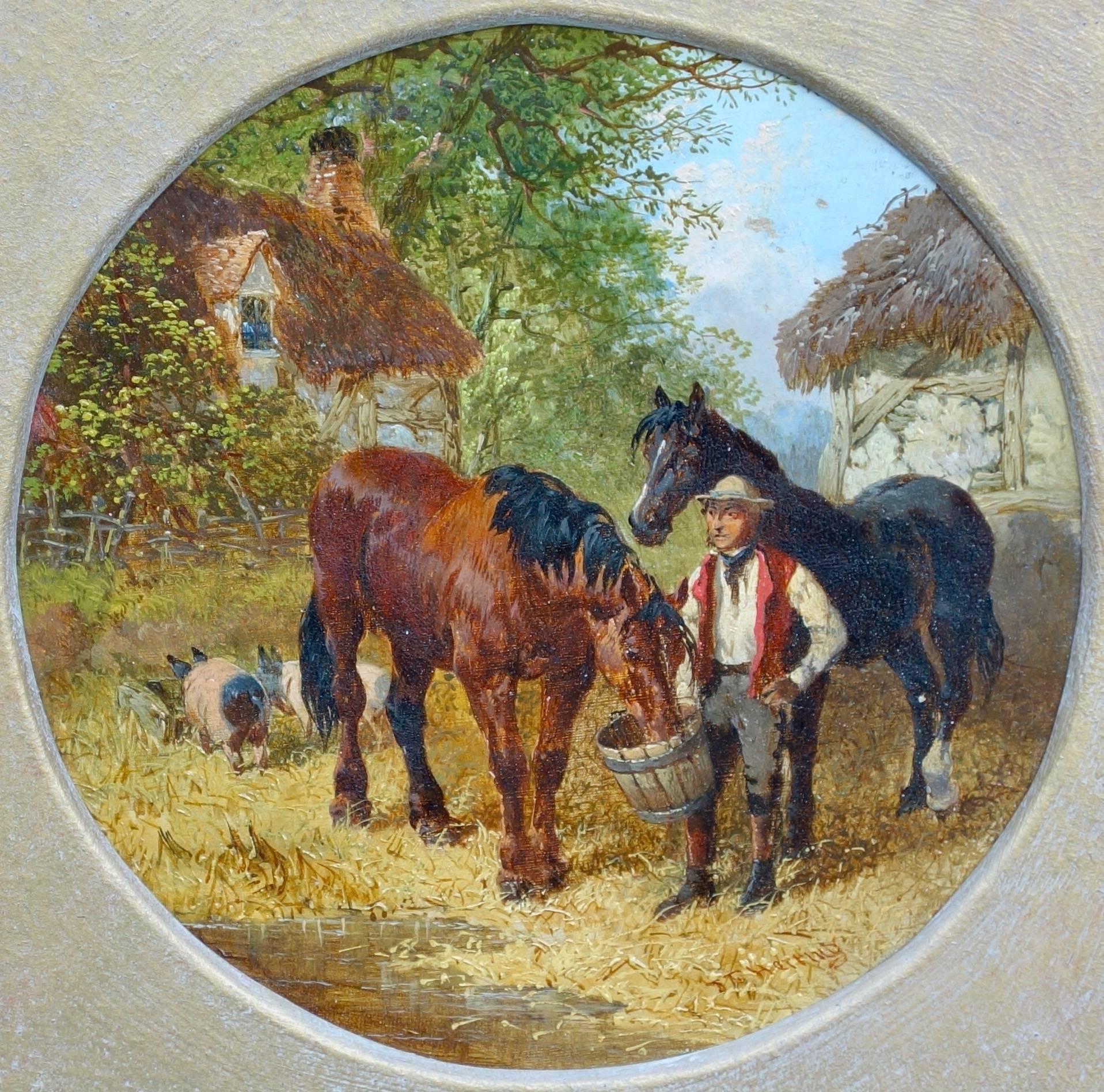 John Frederick Herring Jr. Animal Painting - Horses, Pigs and a farmer in a farmyard
