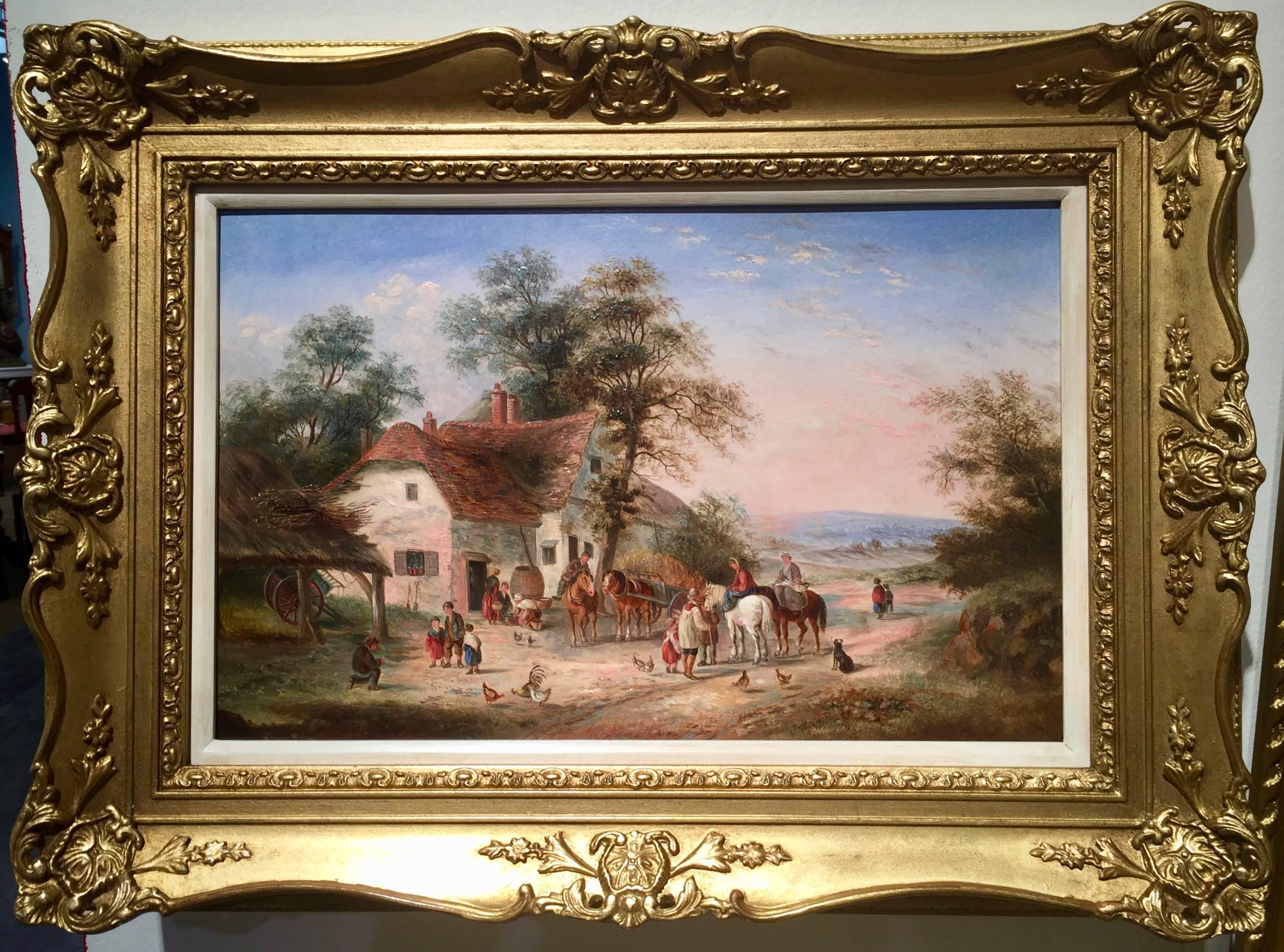 Georgina Lara Landscape Painting - English Village life with horses, chickens, dogs and people