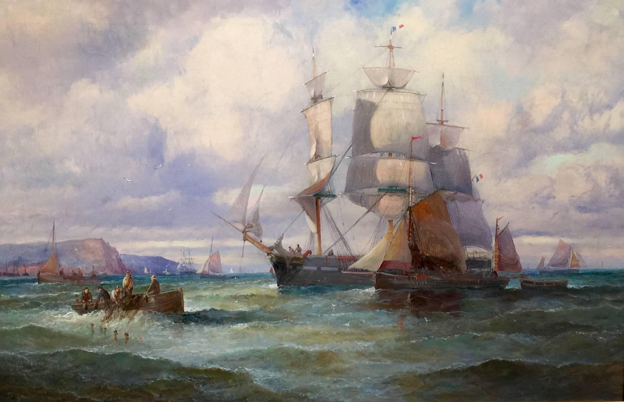 William Anslow Thornley Landscape Painting - English Shipping scene with fishing vessels and larger ship