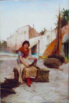 Antique portrait of a European girl, with fishing nets, with golden, gray blue