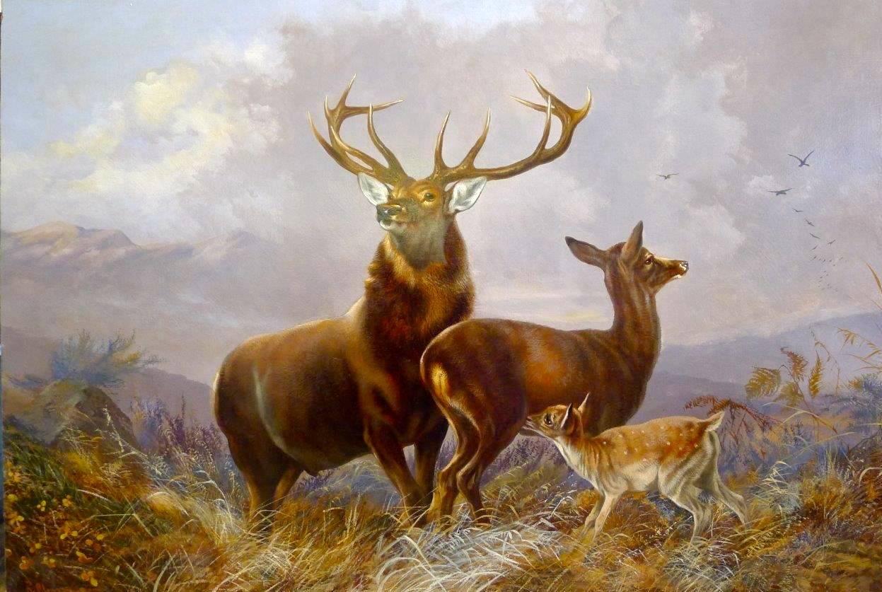 Robert Cleminson Animal Painting - Stag and Deer in a Scottish landscape