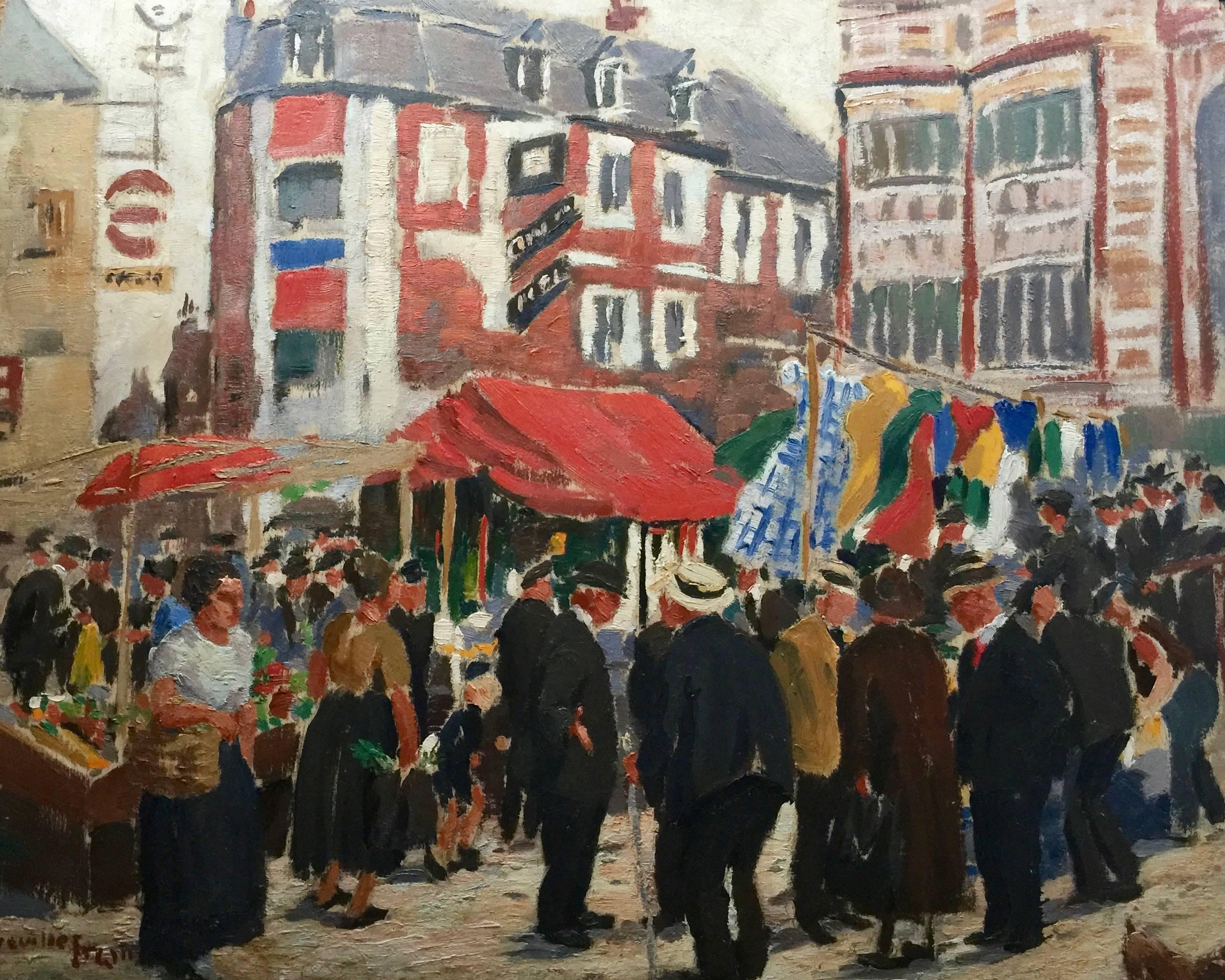 Impressionist French or English Market Town scene - Painting by Greville Erwin