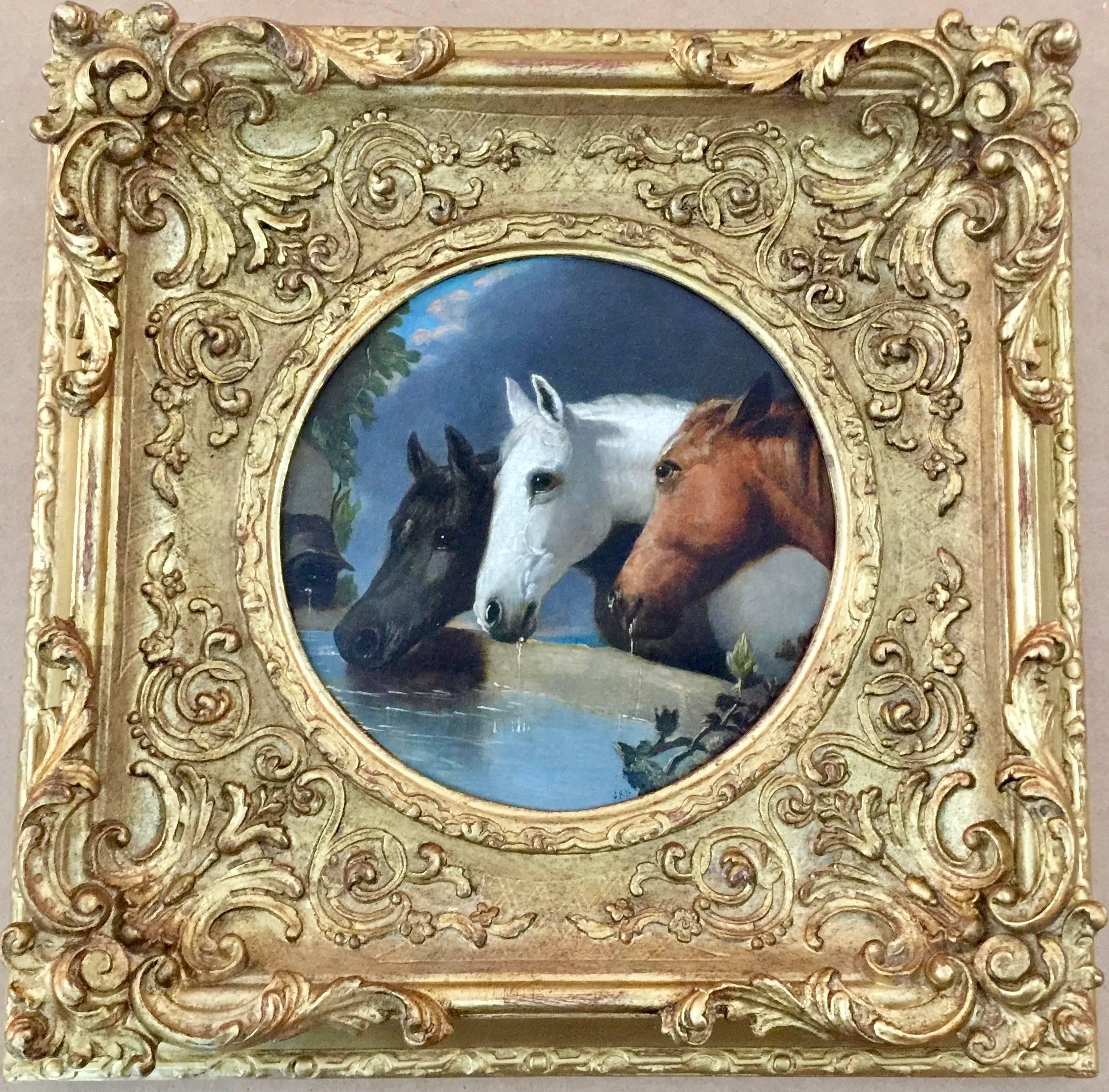 John Frederick Herring Jr. Animal Painting - Three English Horse Heads in a stable