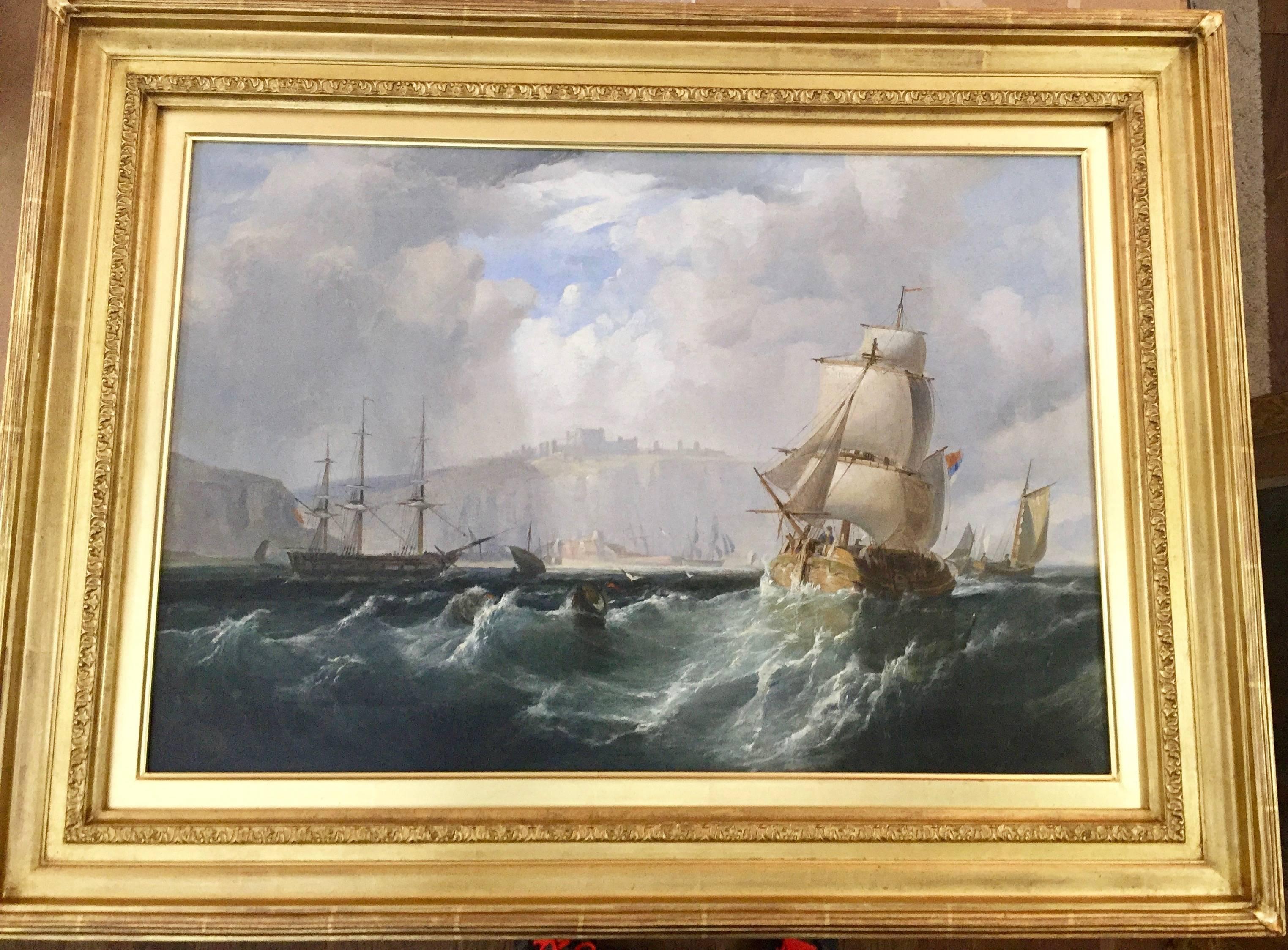 John Wilson Ewbank Figurative Painting - Scottish shipping scene with rough seas off a coastline.
