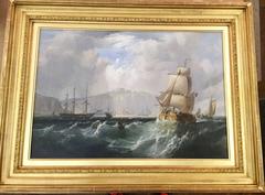 Scottish shipping scene with rough seas off a coastline.