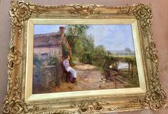 Young English Girl feeding the Chickens by the river bank