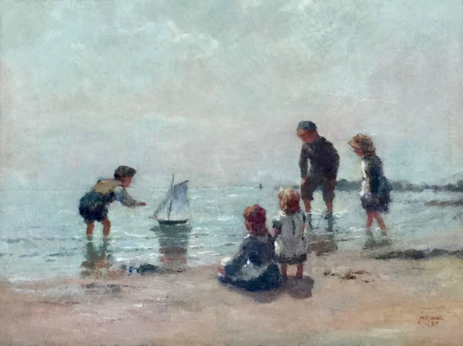 Figurative Painting di James Alick Riddel - Giovani bambini scozzesi che giocano in riva al mare