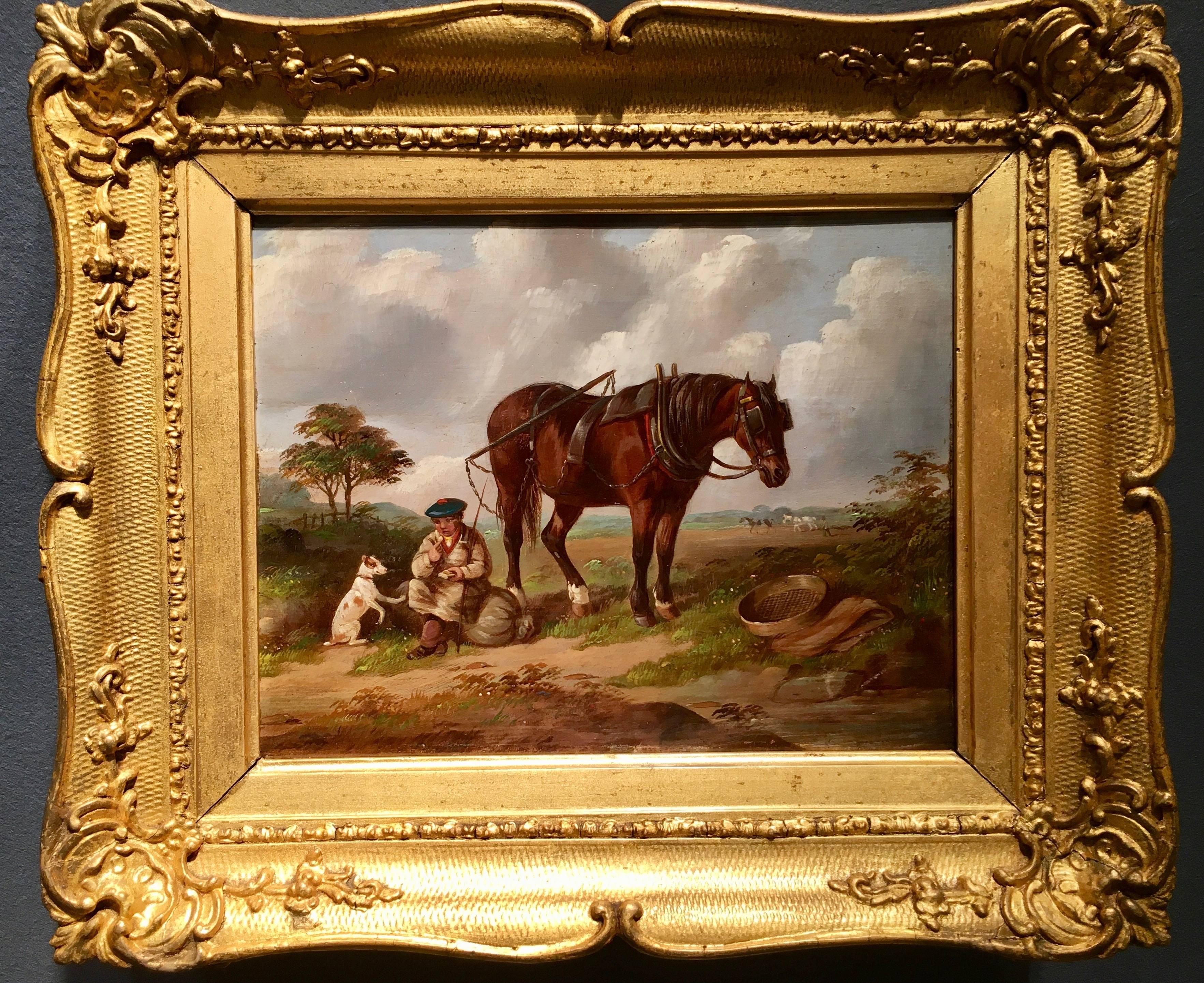 Henry S. Cottrell Animal Painting - English Huntsman with pony, Jack Russell resting after a days work.