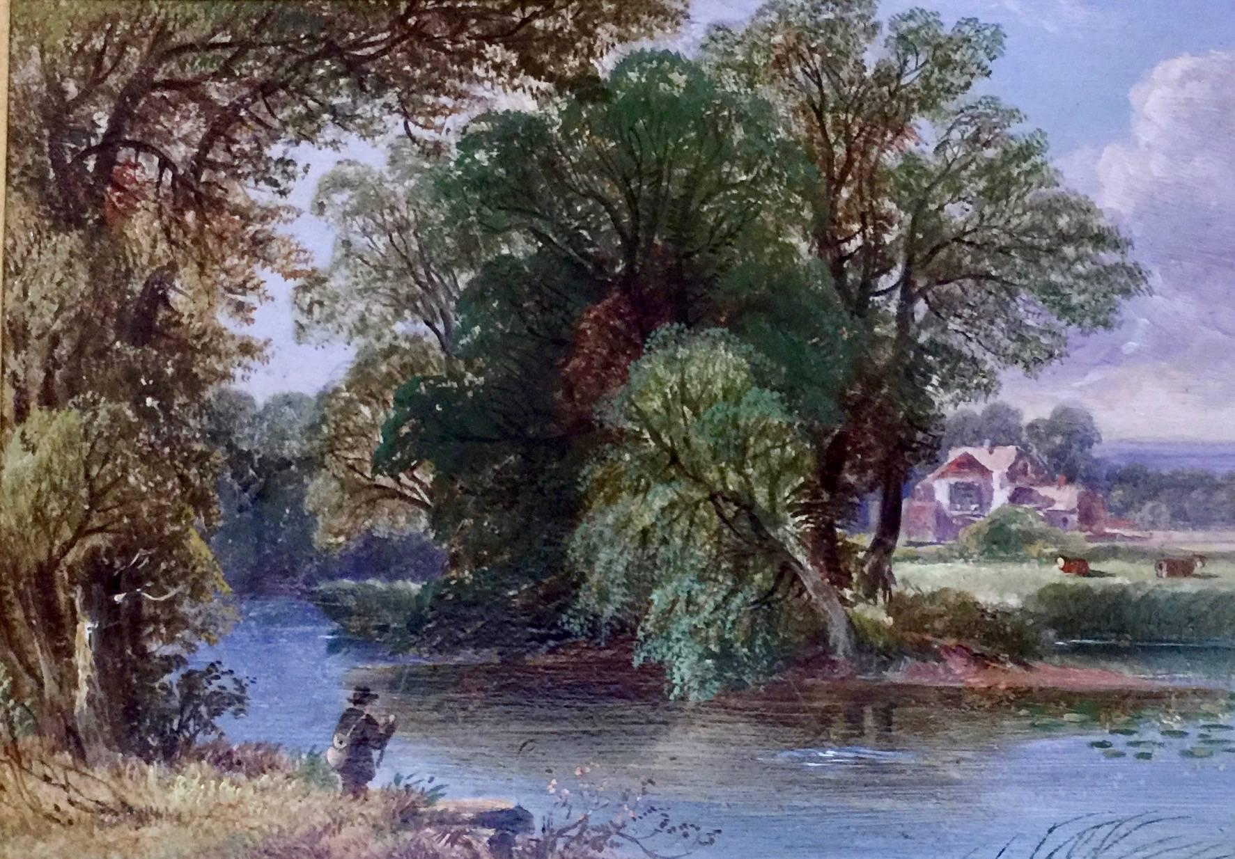 Alexandria Frederick Rolfe Landscape Painting - Extensive English River landscape with fisherman fishing