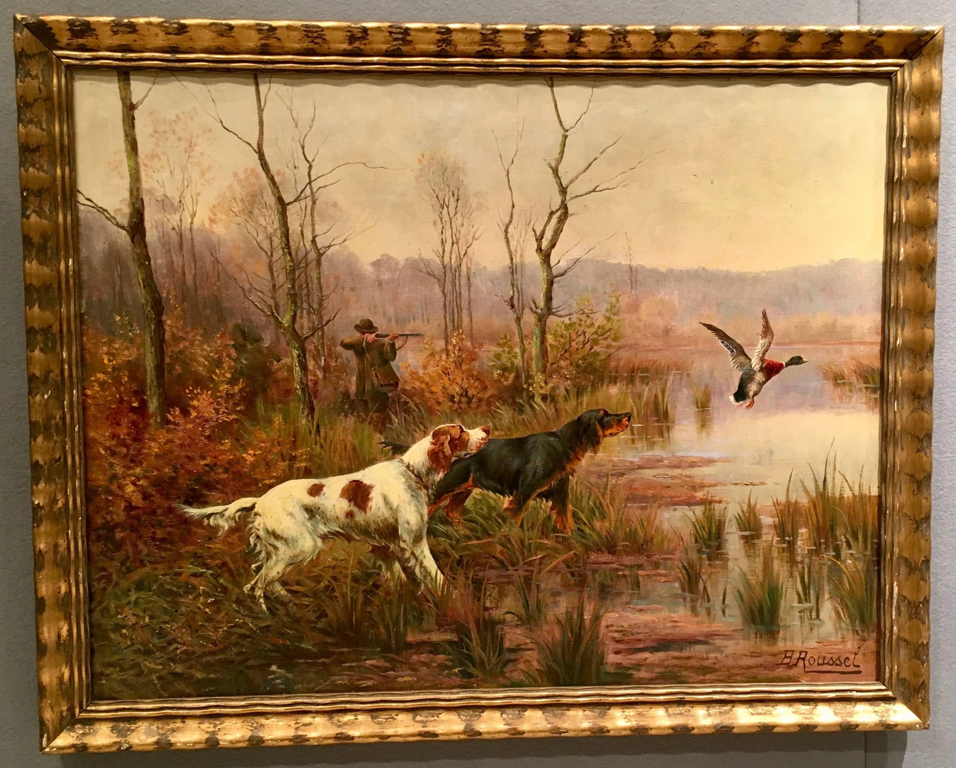 B. Roussel Animal Painting - French scene of Setters flushing a Duck with the Huntsman taking aim.