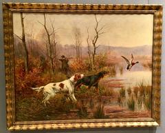 Antique French scene of Setters flushing a Duck with the Huntsman taking aim.