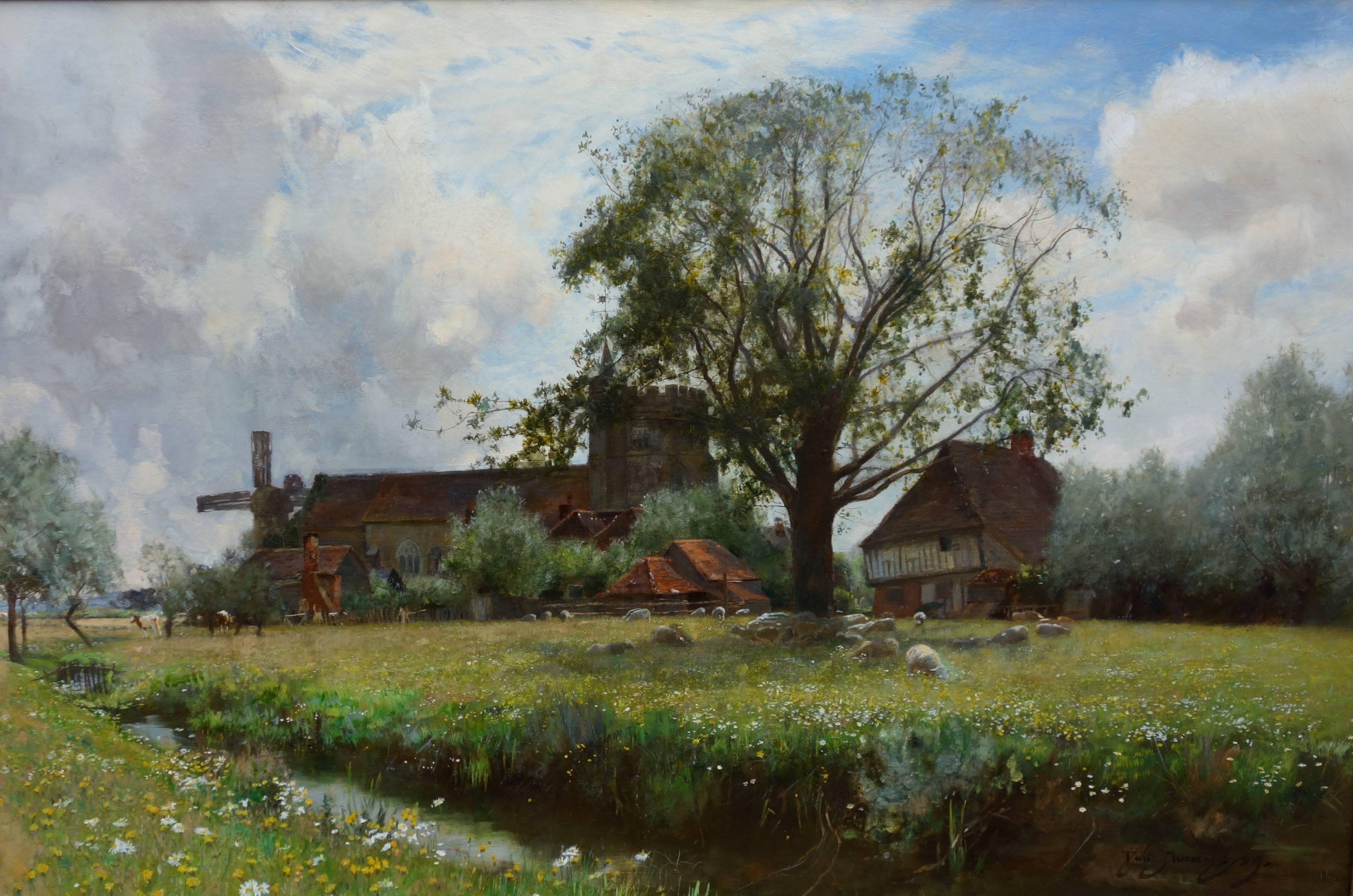 Sir David Murray Landscape Painting - English river landscape with sheep grazing, church and windmill in the distance
