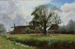 English river landscape with sheep grazing, church and windmill in the distance