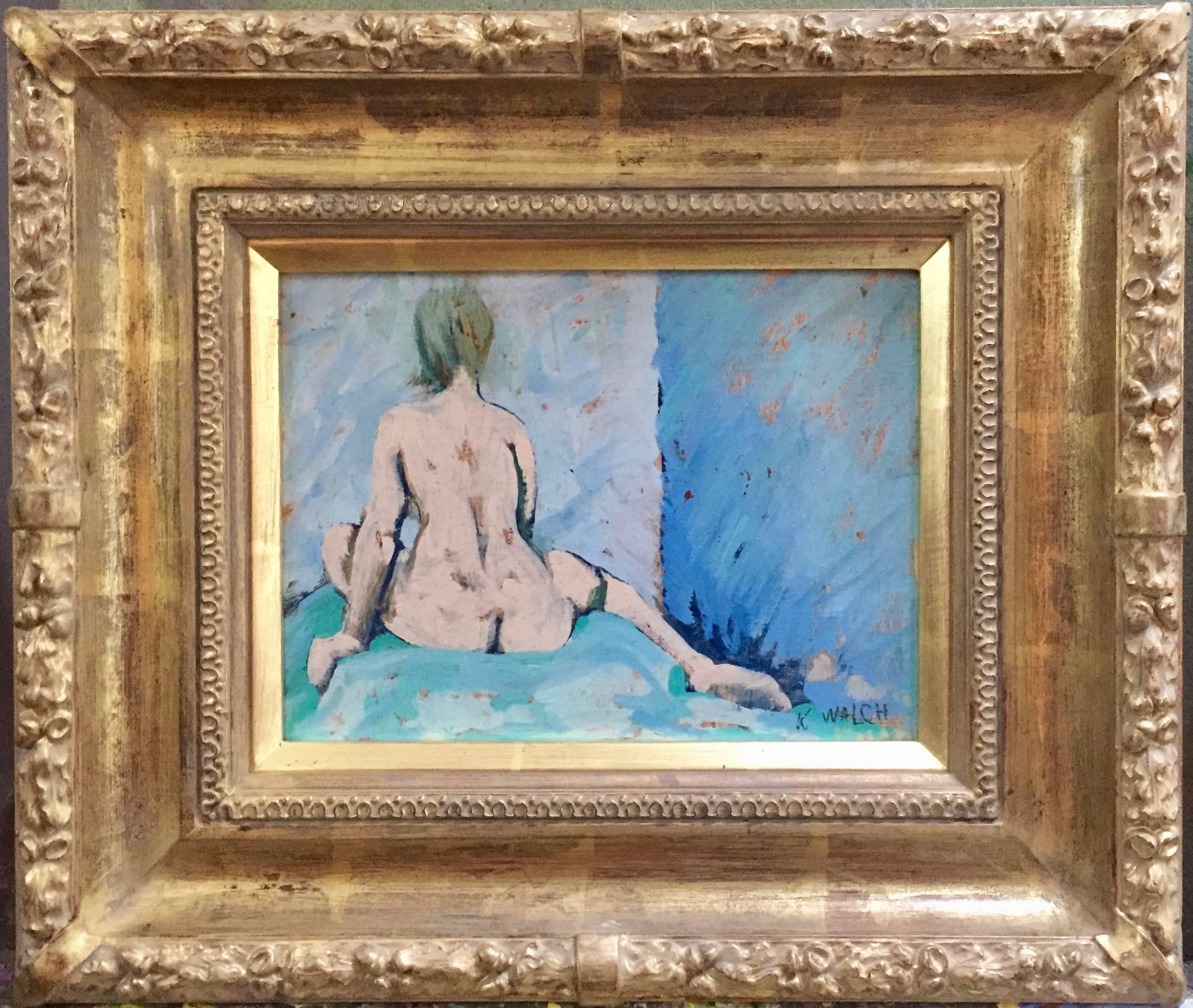 Karl Walch Nude Painting - Female Nude study, from the back in pastel blues and greens