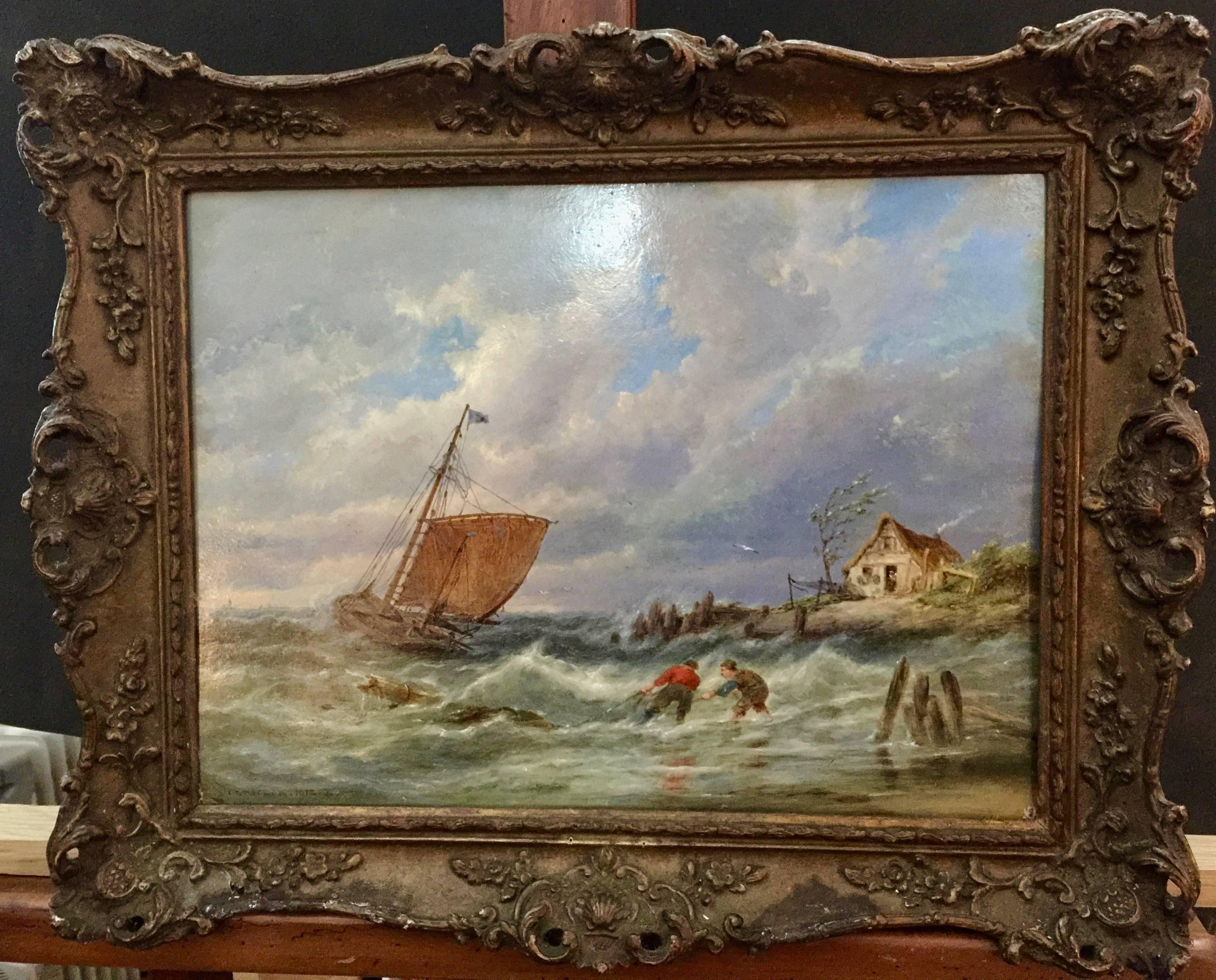Dommersen, Pieter Cornelis Figurative Painting - Shipping off the Dutch Coastline in Rough Seas