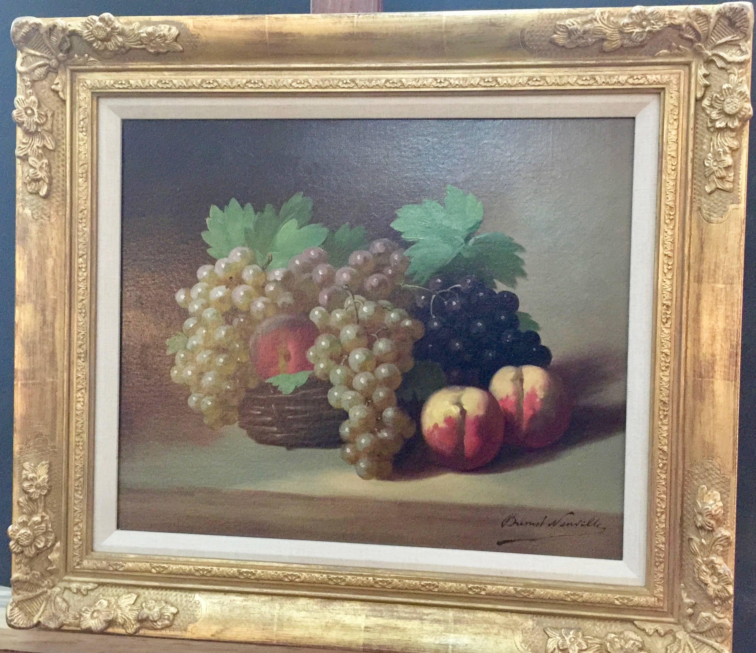 Arthur Alfred Bruno De Neuville Still-Life Painting - French Impressionist Still life of Grapes and Peaches in a French Wicker Basket