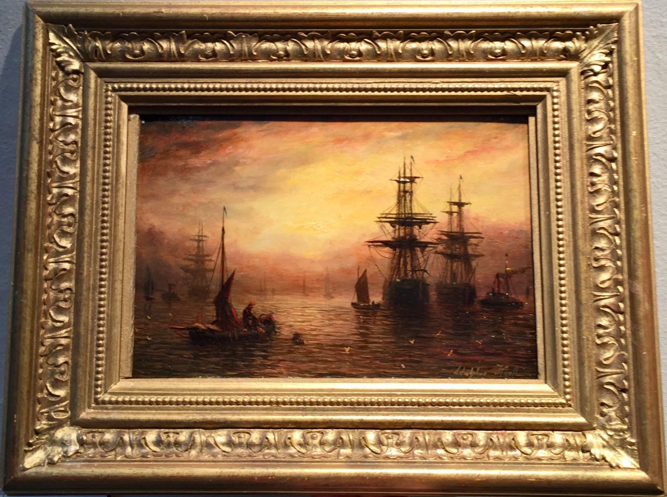 Adolphus Knell Landscape Painting - English marine scene during early evening with the Sun setting