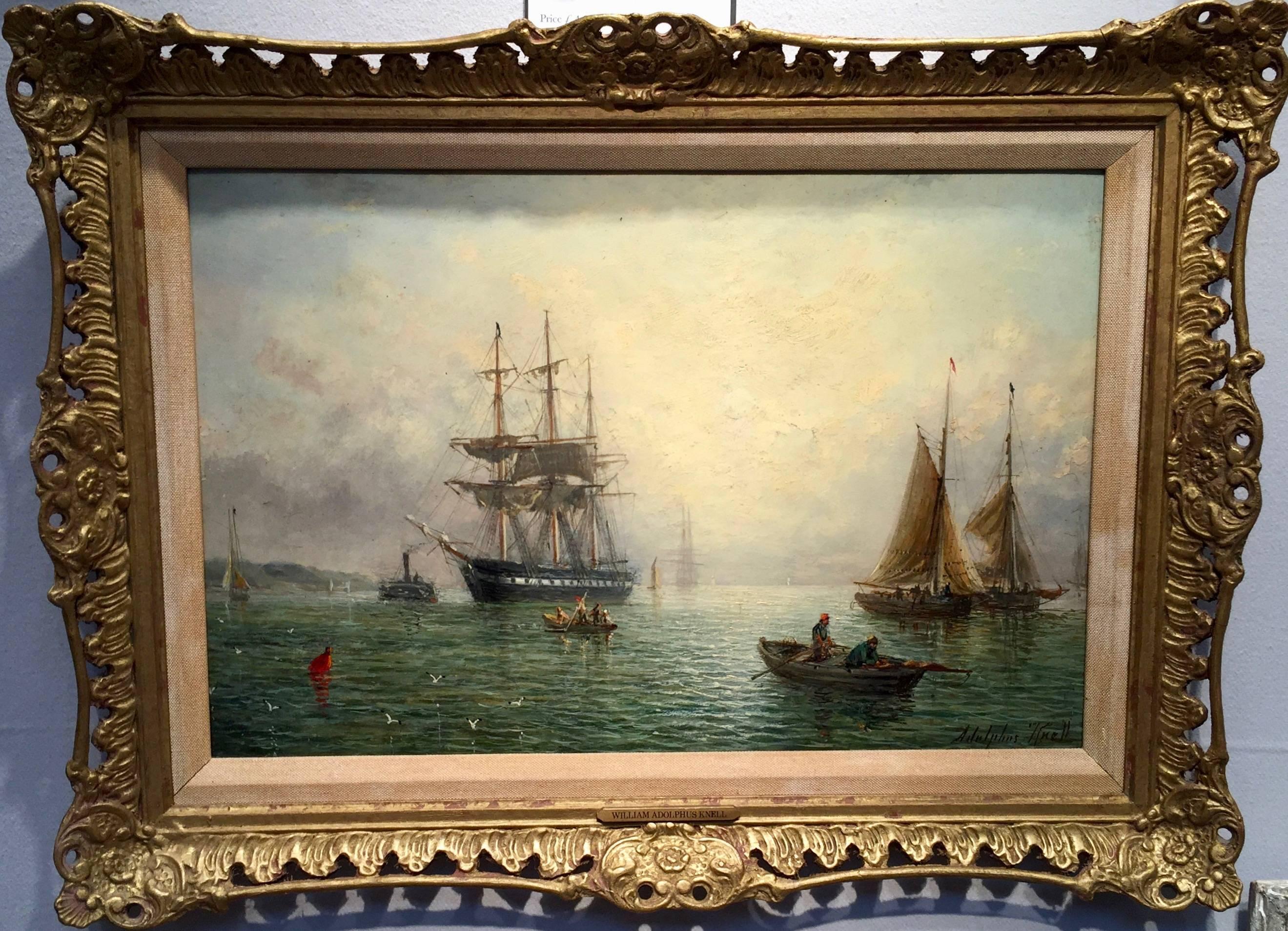 Adolphus Knell Landscape Painting - English ships at anchor, with the an Impressionist Sunrise