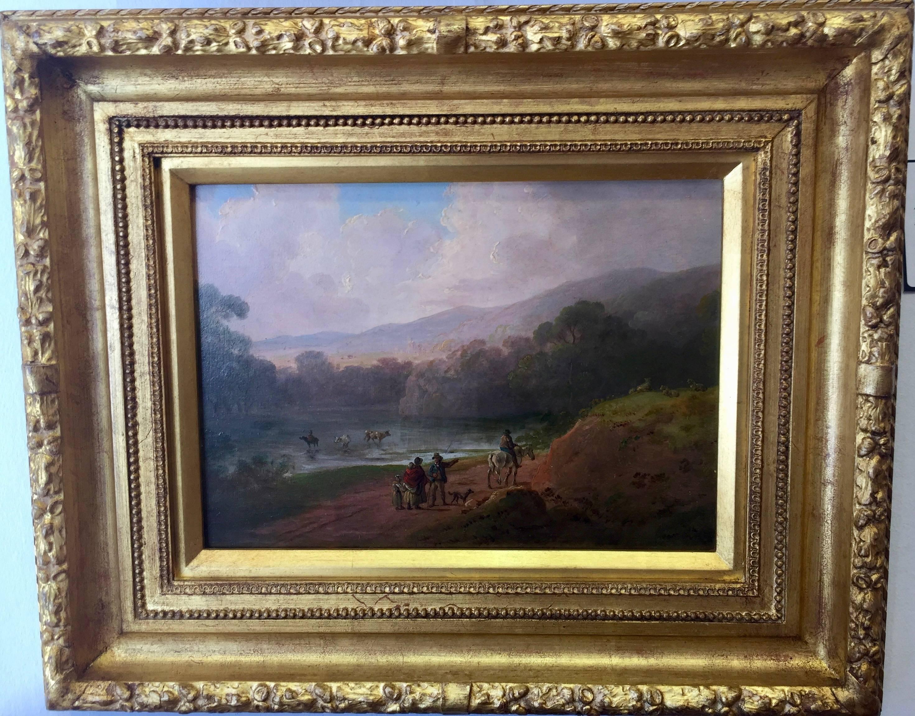 Julius Caesar ibbetson Landscape Painting - Antique 18C English landscape with figures on a pathway with horses and dogs