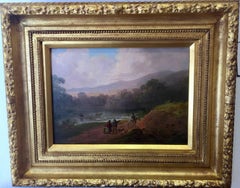 Antique 18C English landscape with figures on a pathway with horses and dogs