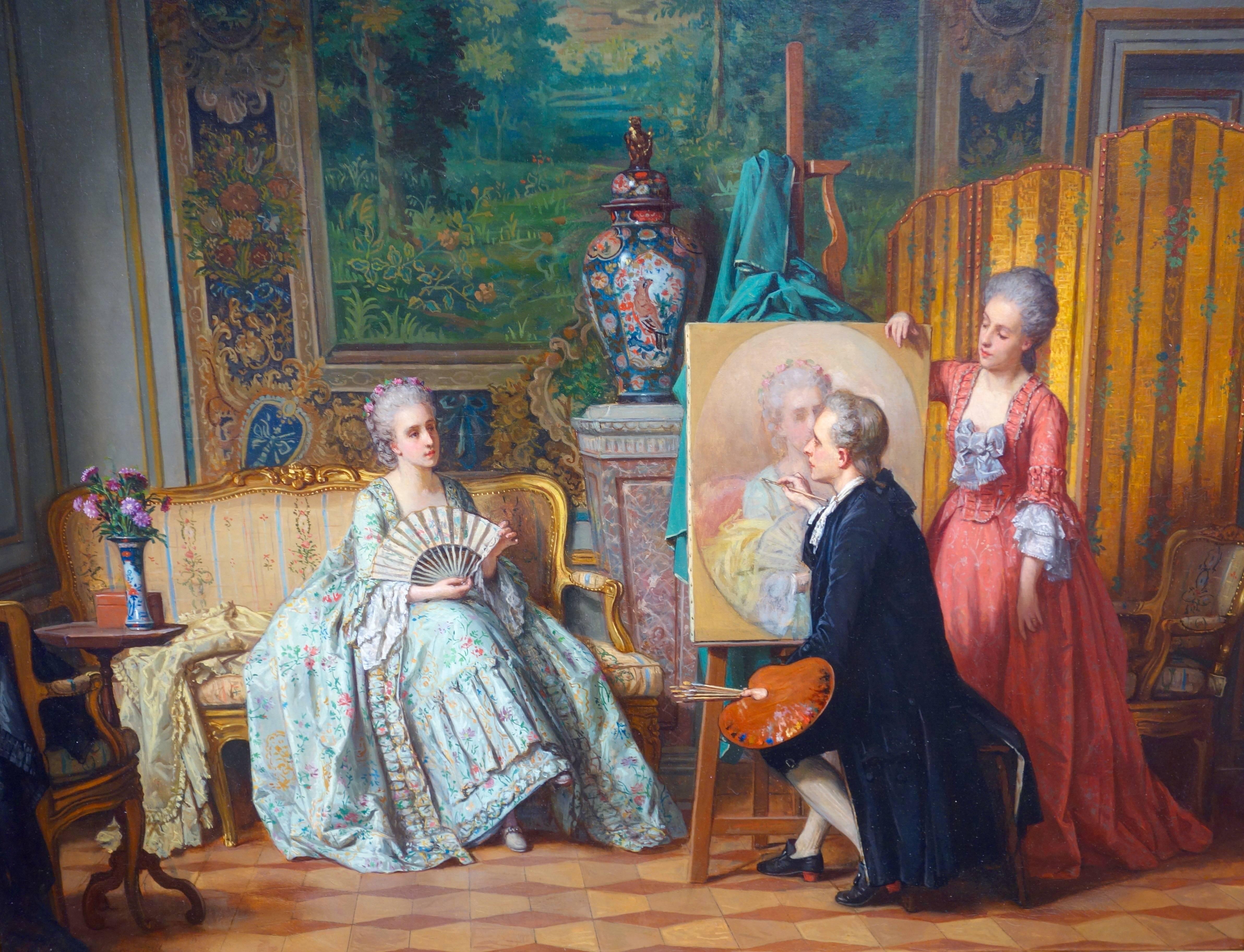 Jean Carolus Figurative Painting - French interior scene with an artist painting a young lady in a Baroque interior