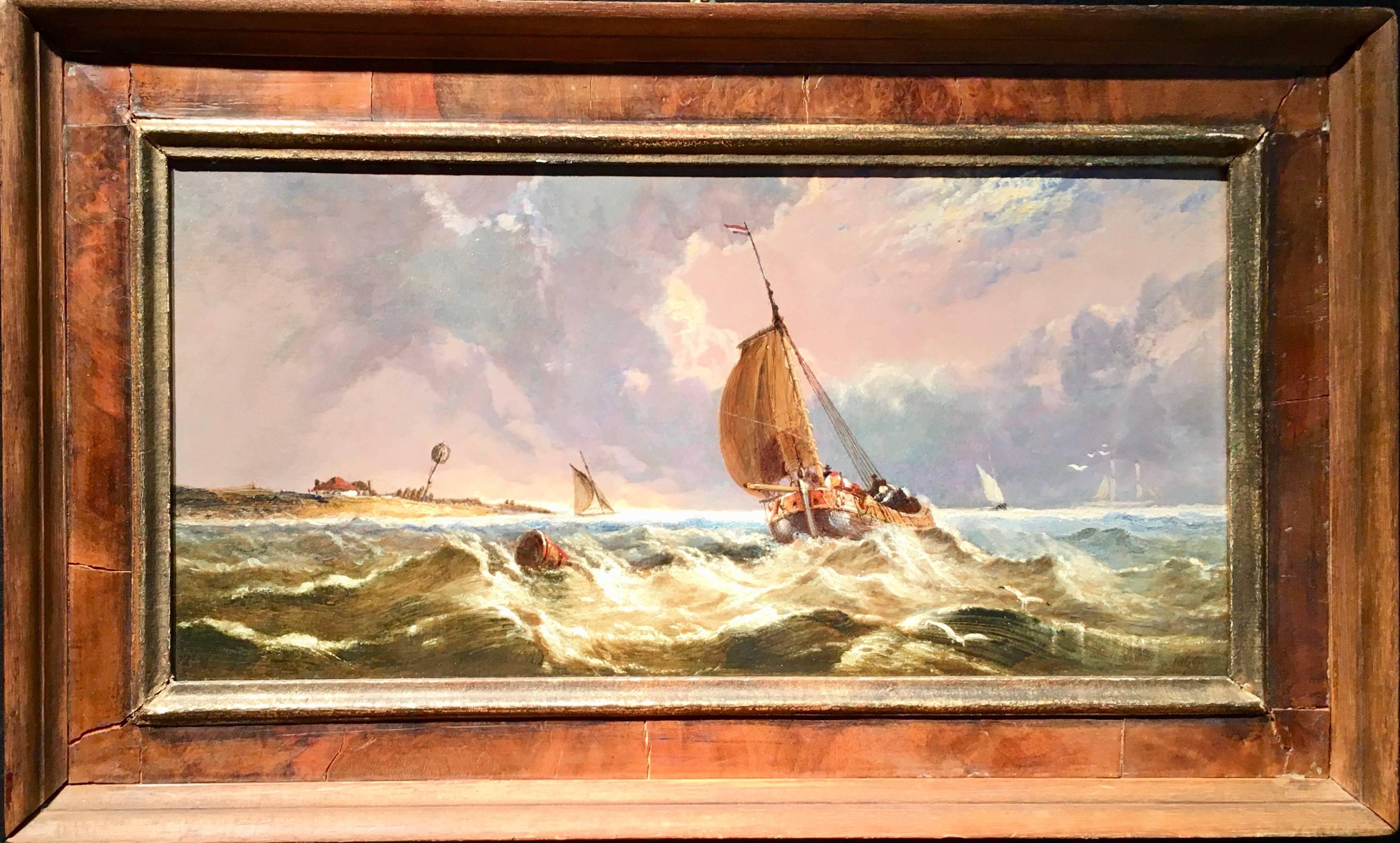 Arthur Joseph Meadows Figurative Painting - English fishing boats in rough seas off the coast of England 