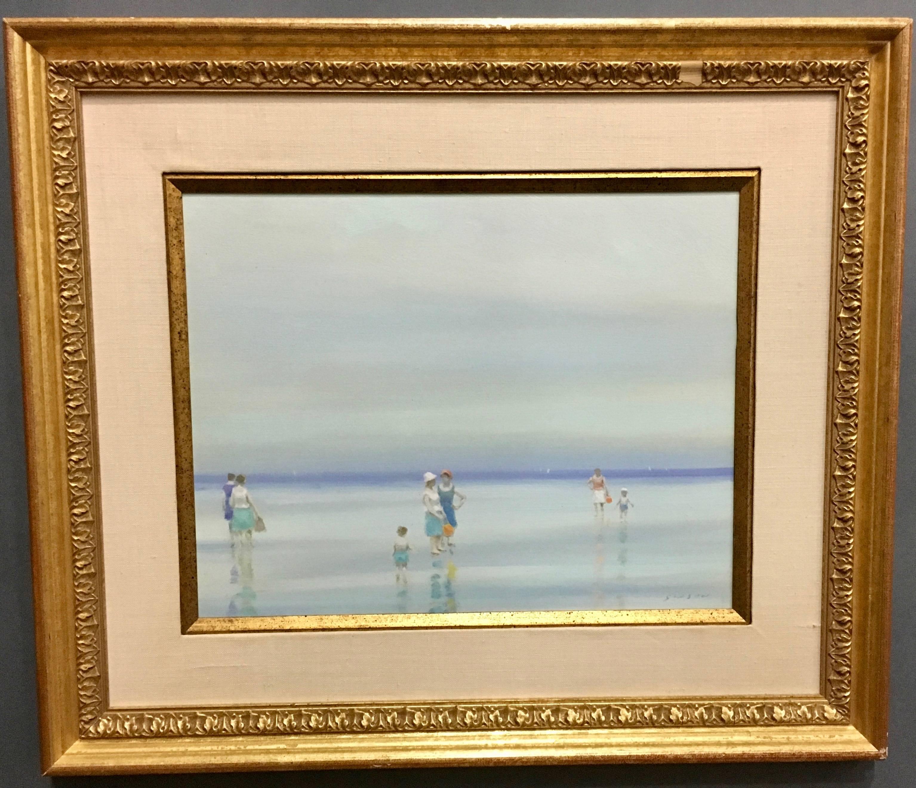 André Gisson Figurative Painting - American or French beach scene with figures at the waters edge