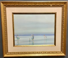 American or French beach scene with figures at the waters edge