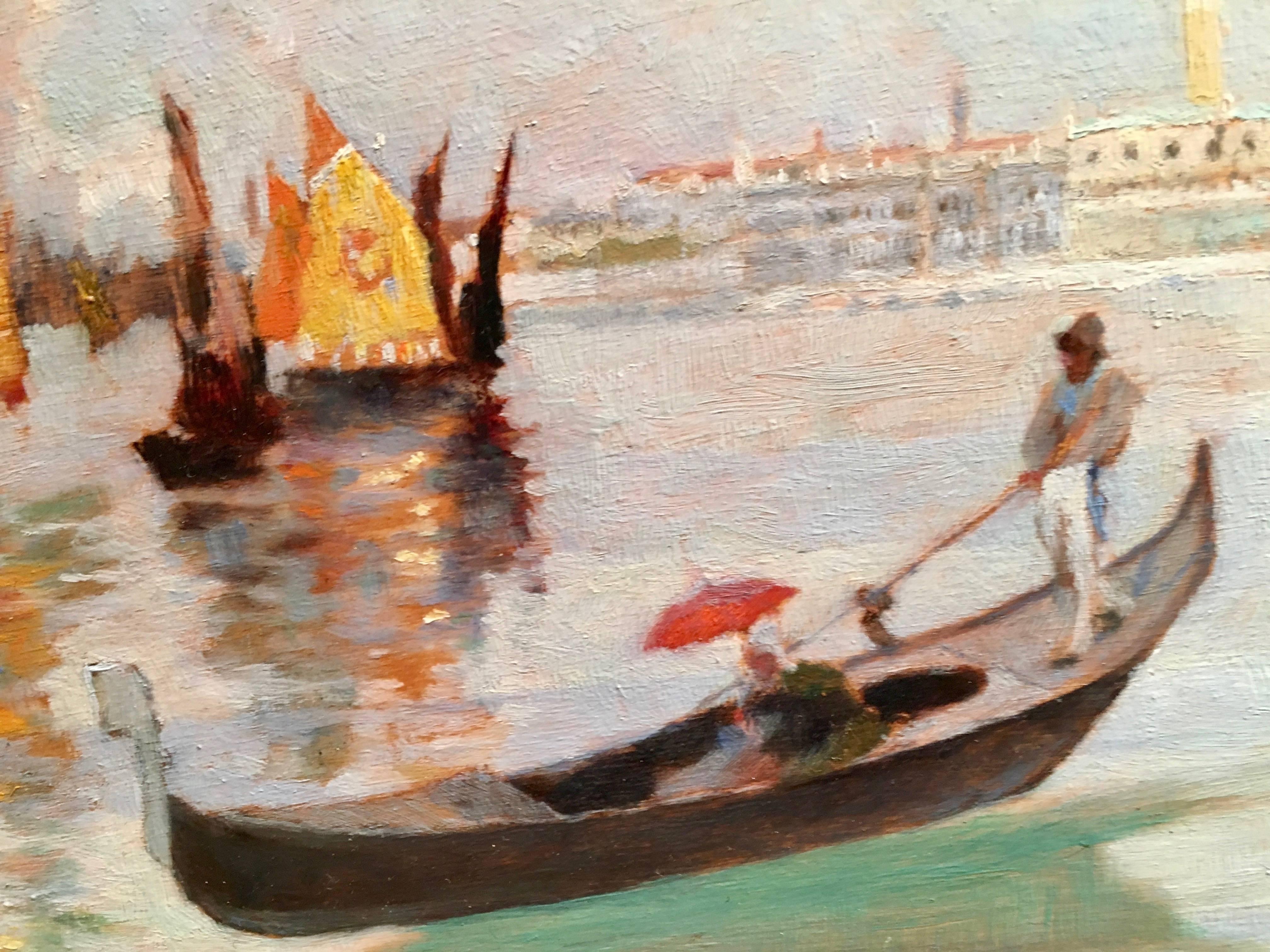 David Woodlock Figurative Painting - Early 20th century Gondola on a canal in Venice Italy