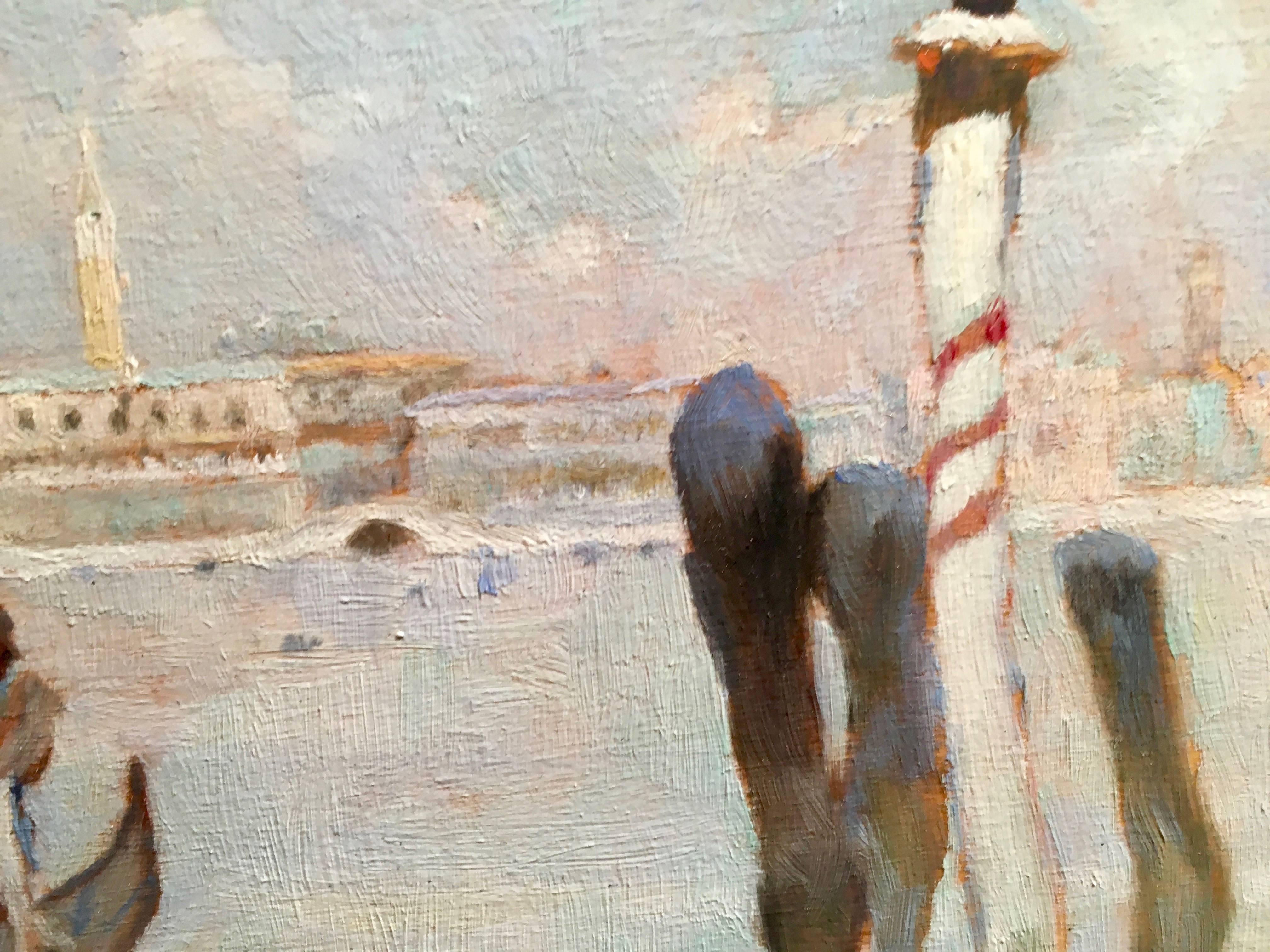 Early 20th century Gondola on a canal in Venice Italy - Painting by David Woodlock