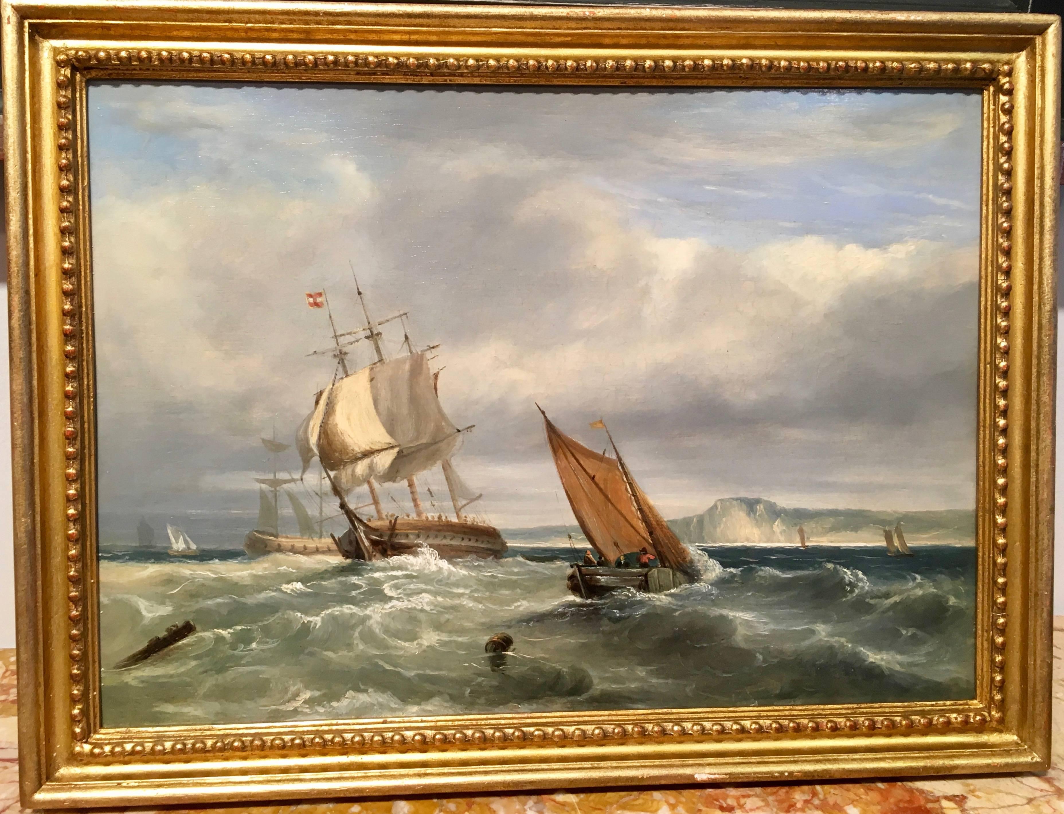 John 'Jock' Wilson Landscape Painting - Scottish marine scene with Battle ships and fishing vessels in a rough sea