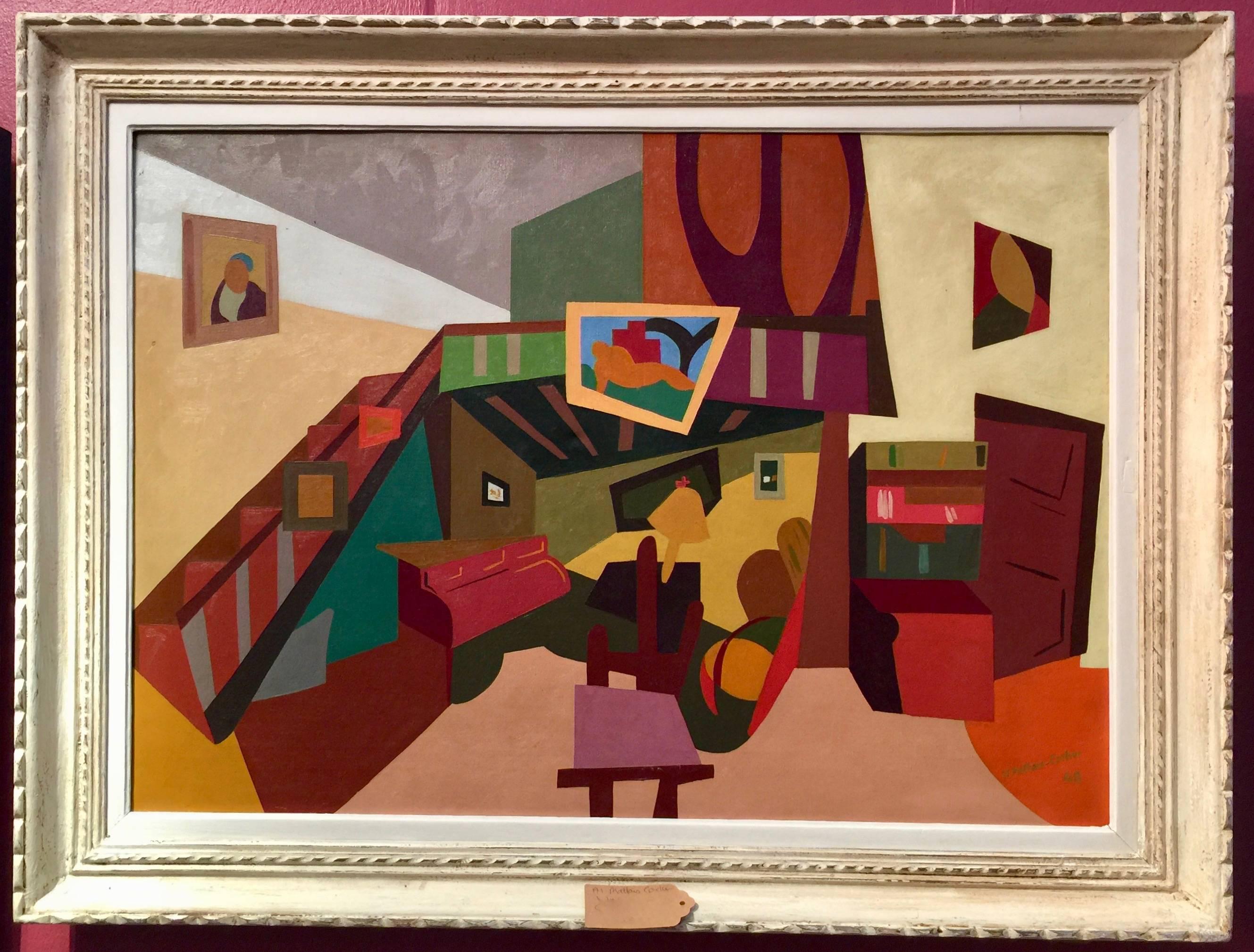Alain Mettais Cartier Abstract Painting - French Cubist mid 20th century interior of a living room