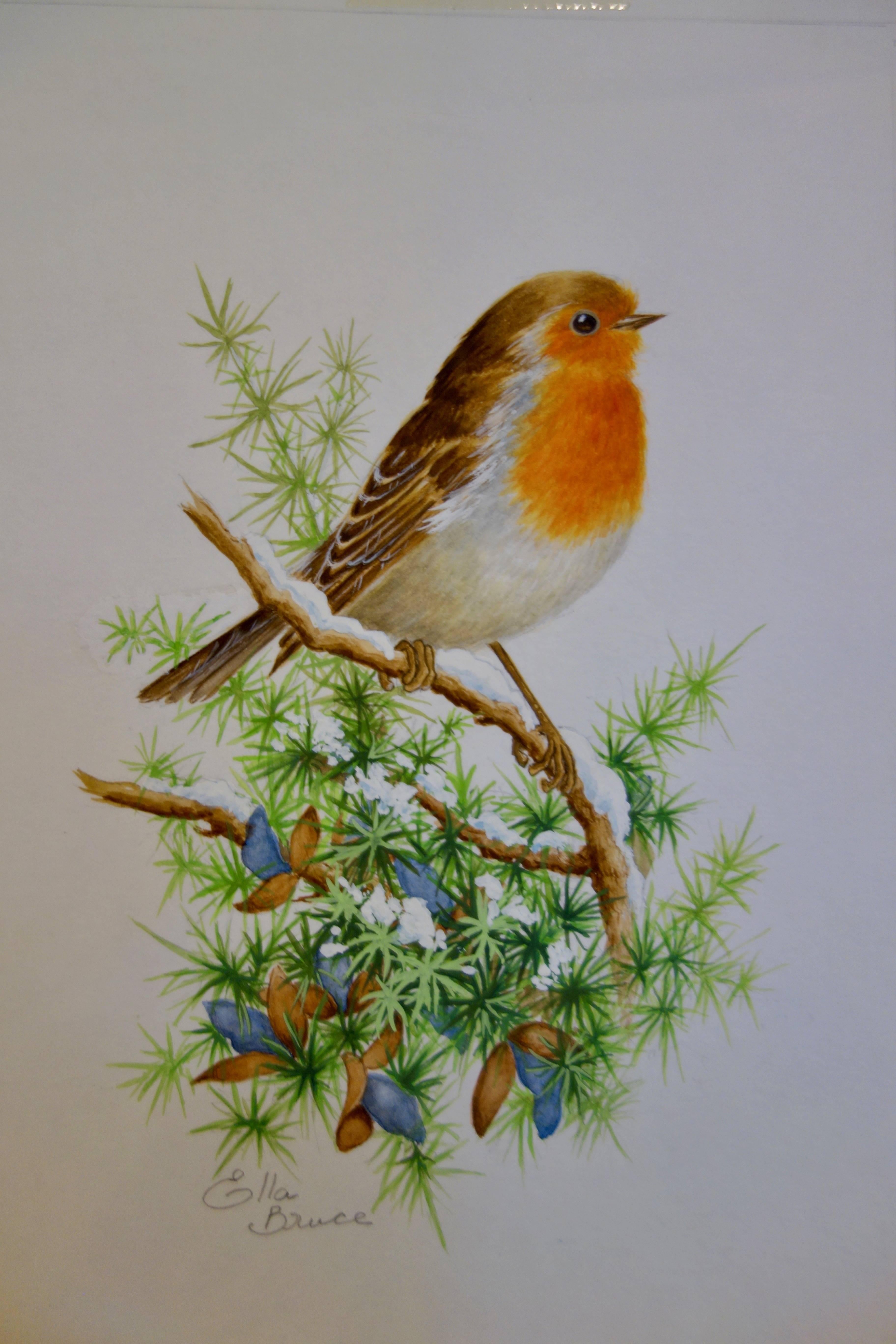 Ella Bruce Figurative Art - A Christmas Robin standing on a snow covered branch of a tree, English 