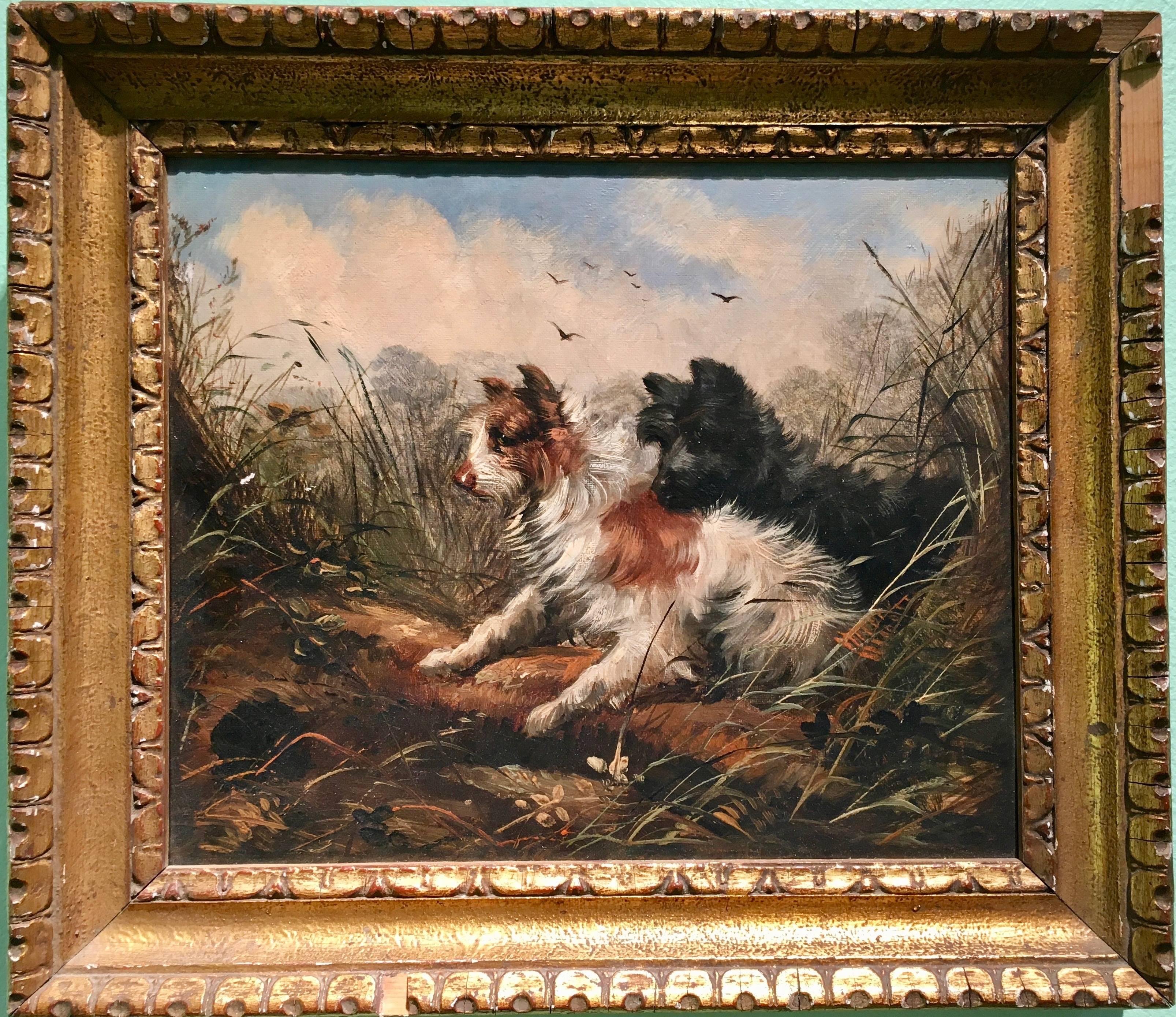 George Armfield Animal Painting - English terriers in a field looking for Rabbits