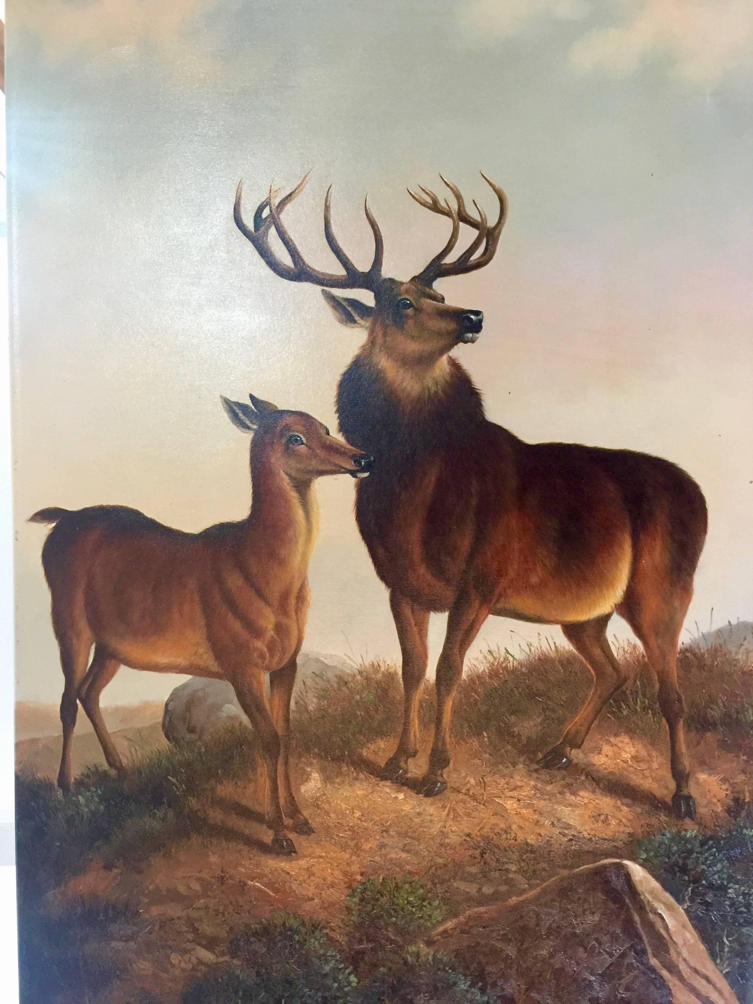 William Rogar Landscape Painting - Scottish scene of a stag and  deer in an Extensive Highland landscape